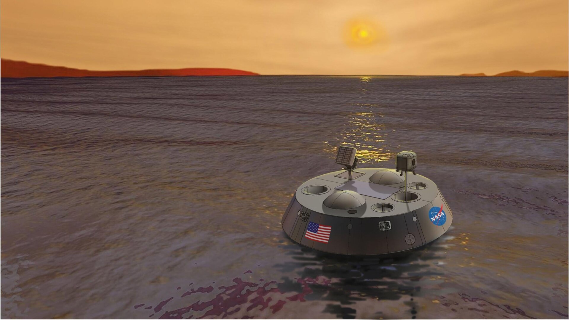 Artist’s conception of a probe floating on Saturn’s moon Titan.