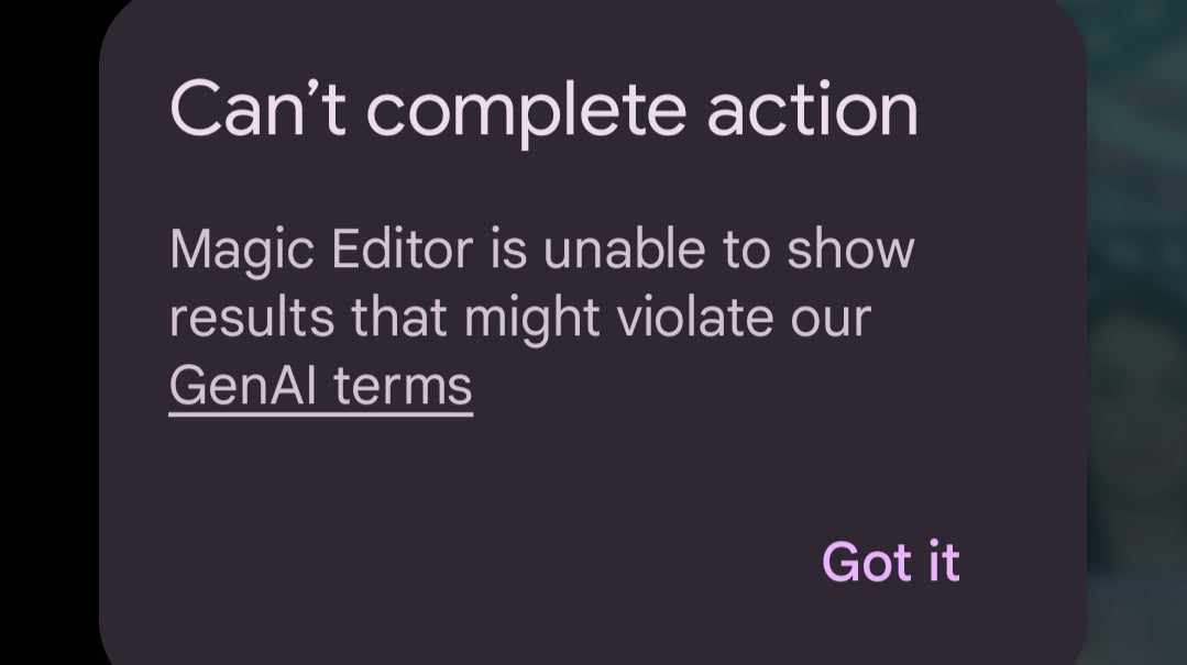 A screenshot showing the current dialog box that pops up on Google Photos when you attempt to edit a photo of an ID card. 