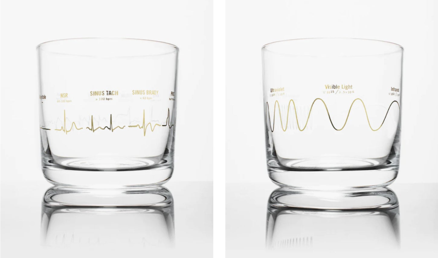 Rocks glasses showing heart rates (left) and the electromagnetic spectrum (right).