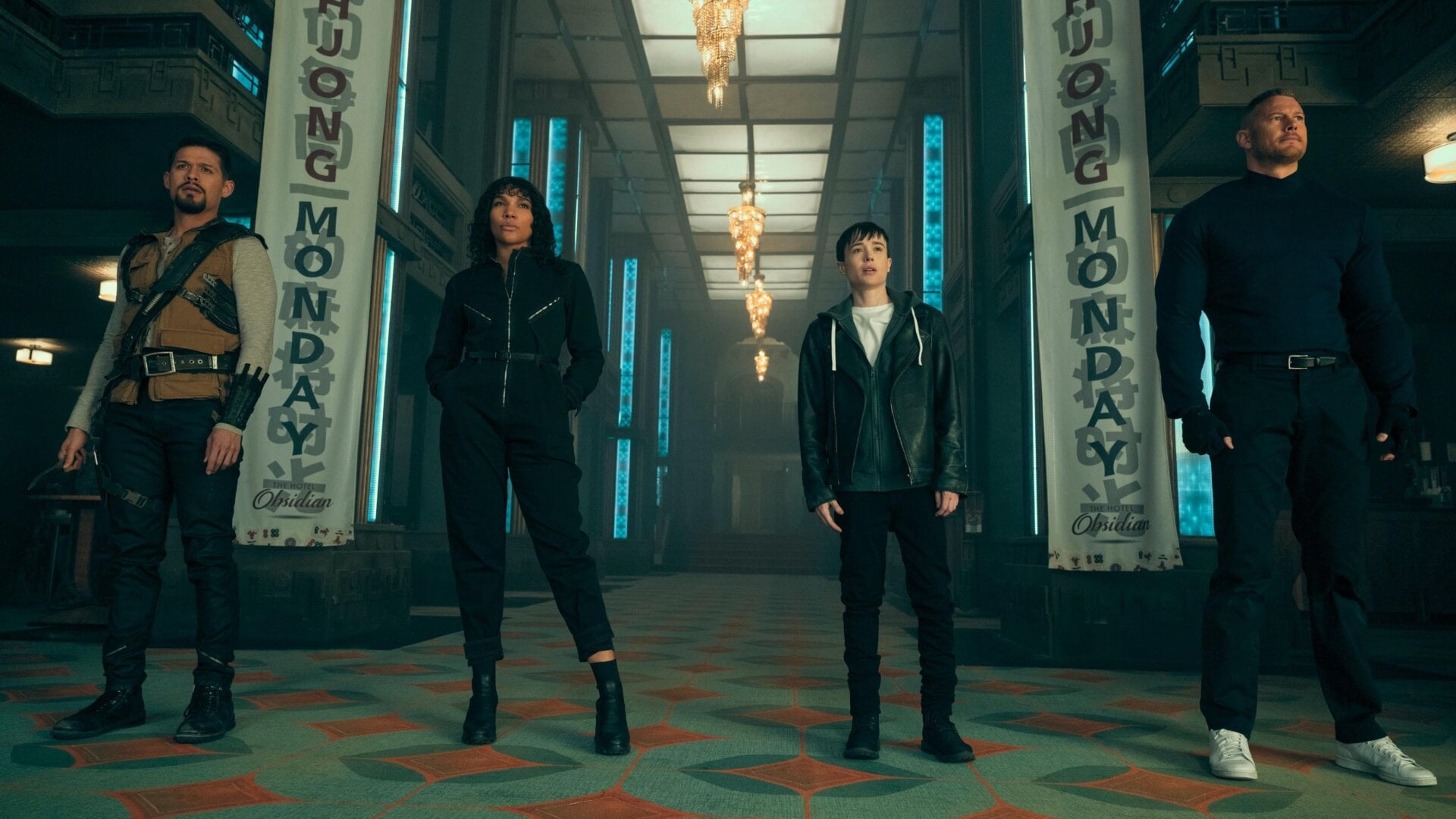 David Castañeda as Diego Hargreeves, Emmy Raver-Lampman as Allison Hargreeves, Elliot Page as Viktor Hargreeves, and Tom Hopper as Luther Hargreeves in season three of The Umbrella Academy.