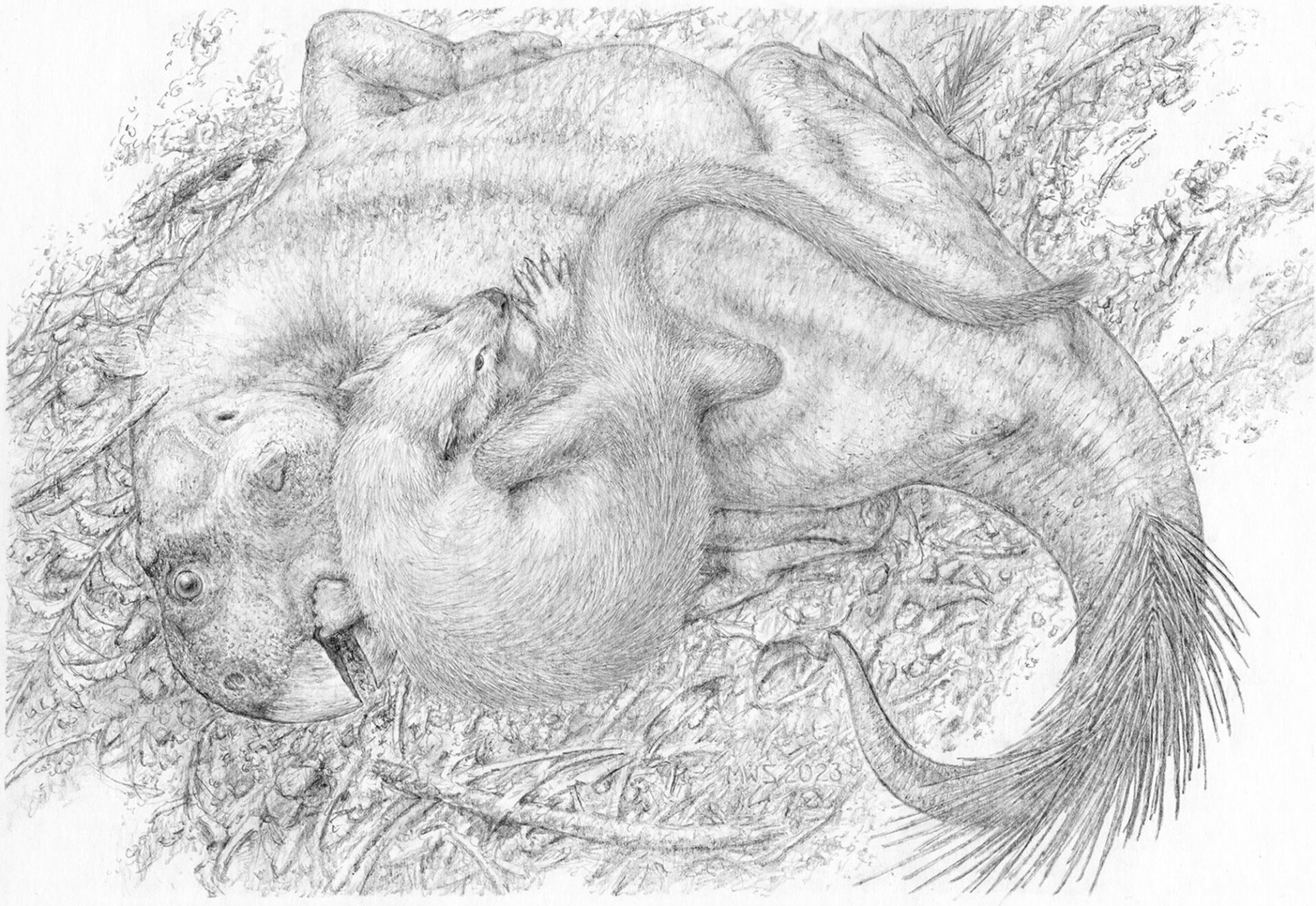 A Psittacosaurus interacting with a Repenomamus robustus, an ancient mammal.