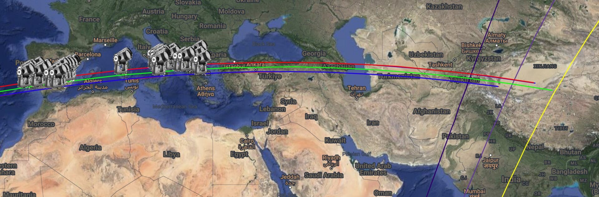 The expected path across Europe and central Asia. The telescope icons indicate observatories signed up to observe the occultation. 