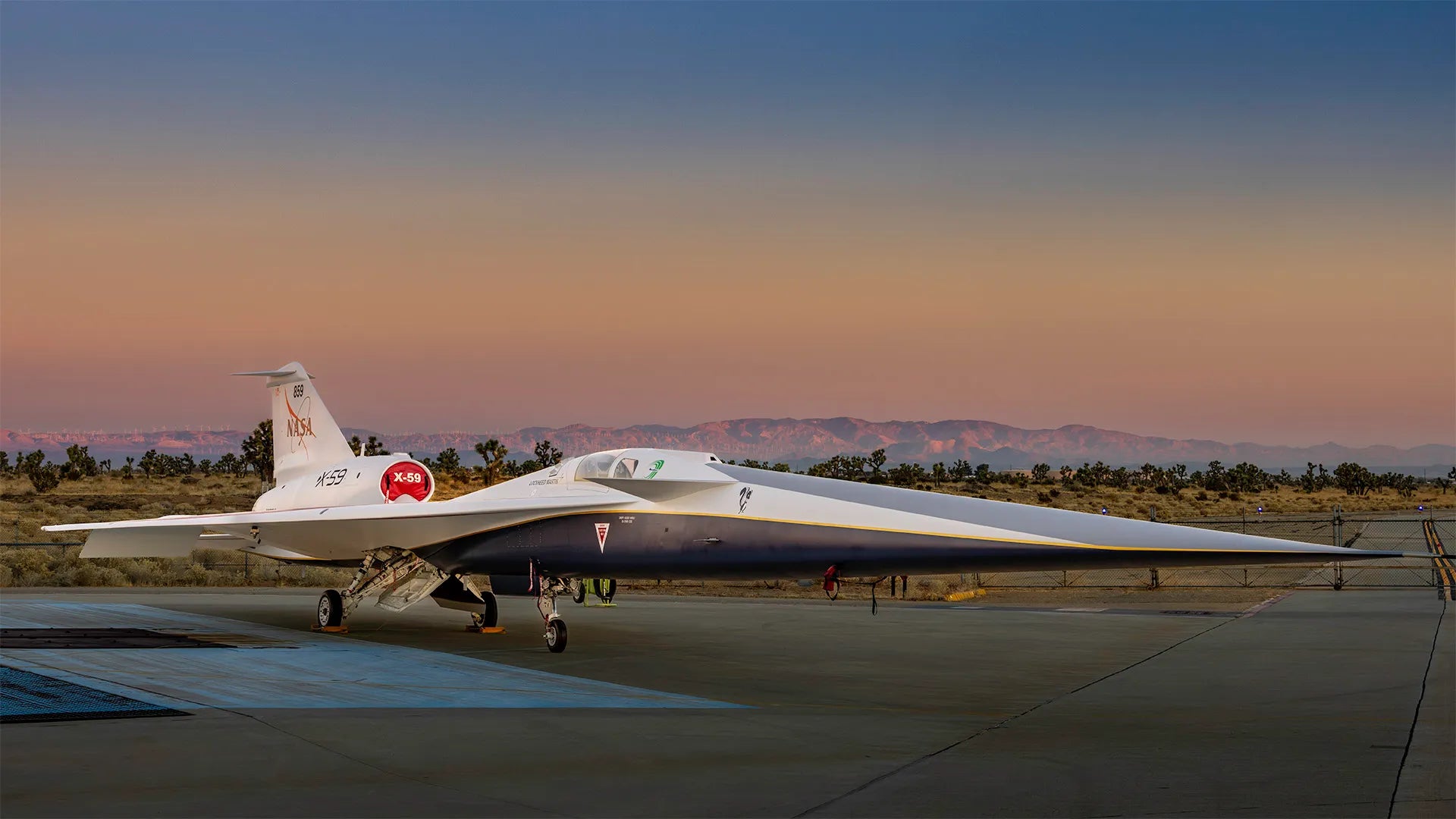 The X-59 outside its hanger in Palmdale, California.