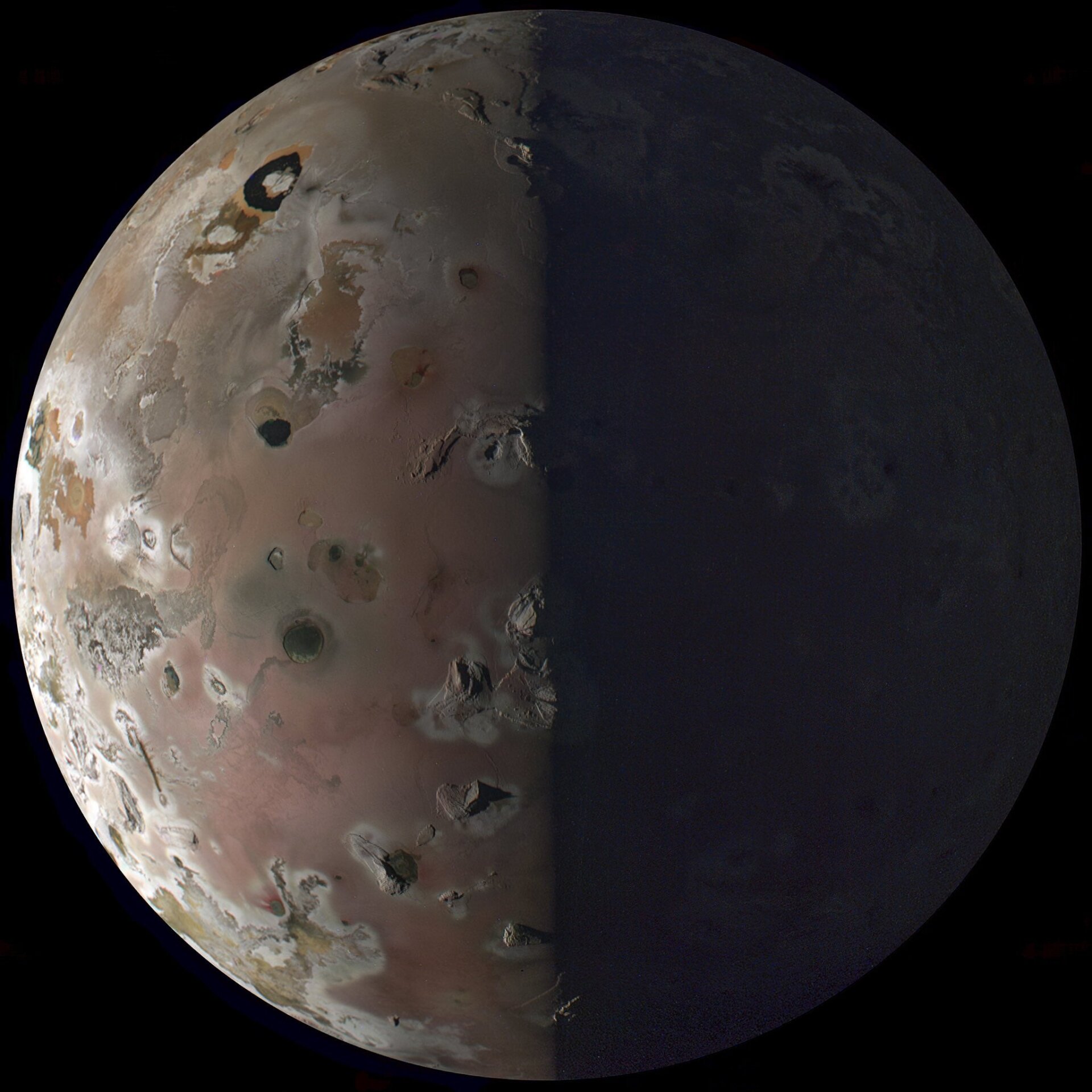 Io, as captured by NASA’s Juno probe and processed by NASA engineer Kevin M. Gill.