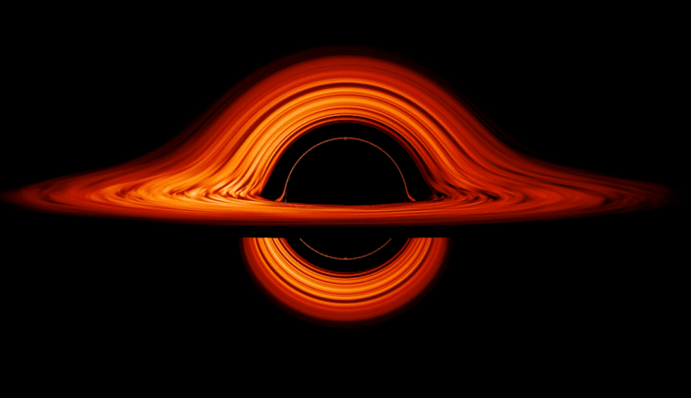 An animation of a black hole edgewise, showing how light bends around the object.