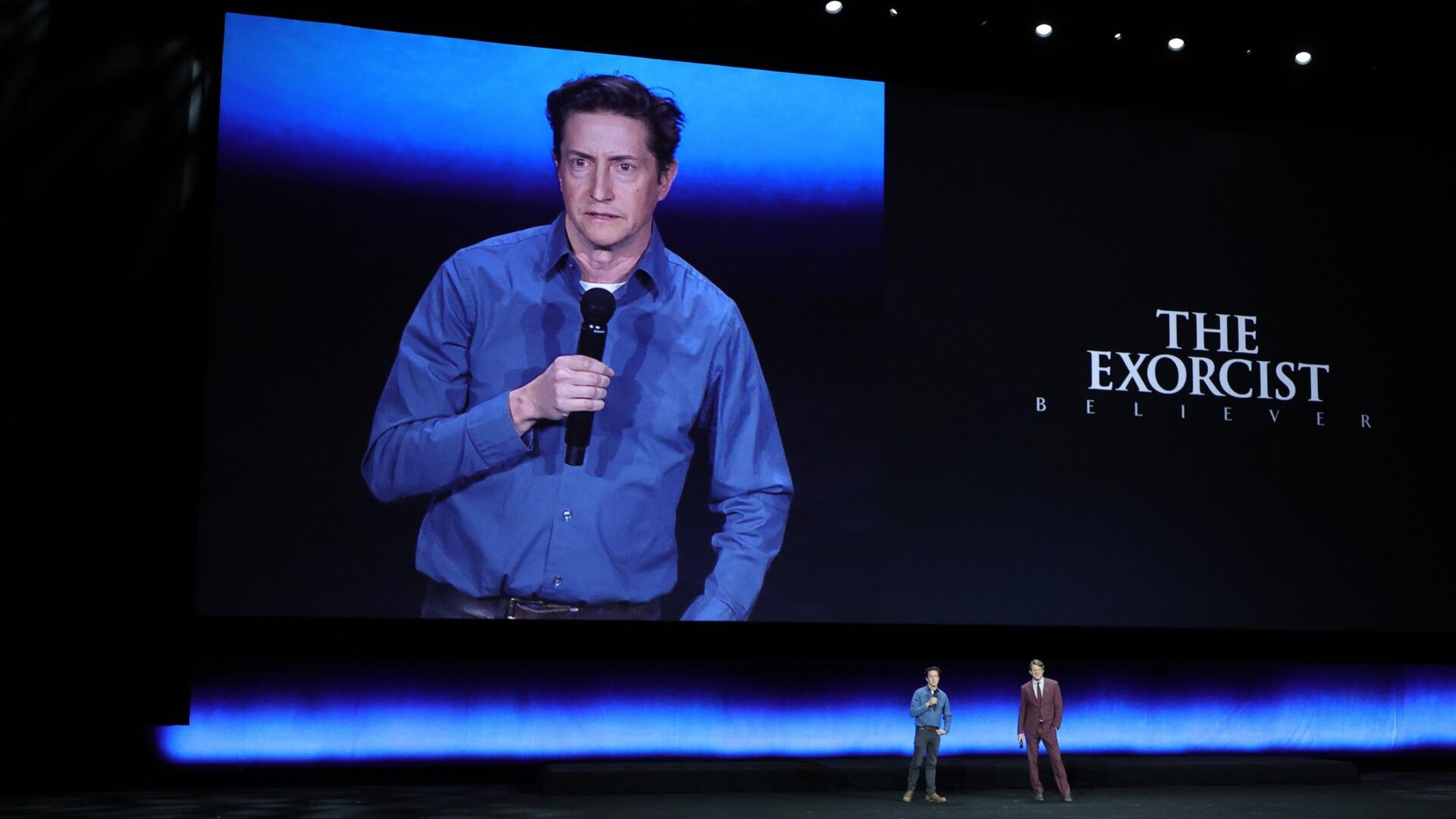 David Gordon Green and Jason Blum promoting The Exorcist: Believer at CinemaCon on April 26, 2023 in Las Vegas, Nevada.