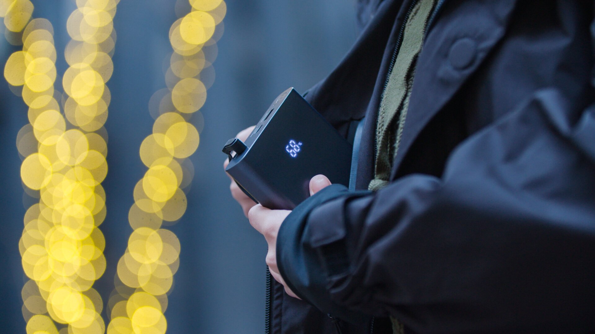 UZE Jacket Power Bank that charges and lives inside one of the jacket’s pockets.
