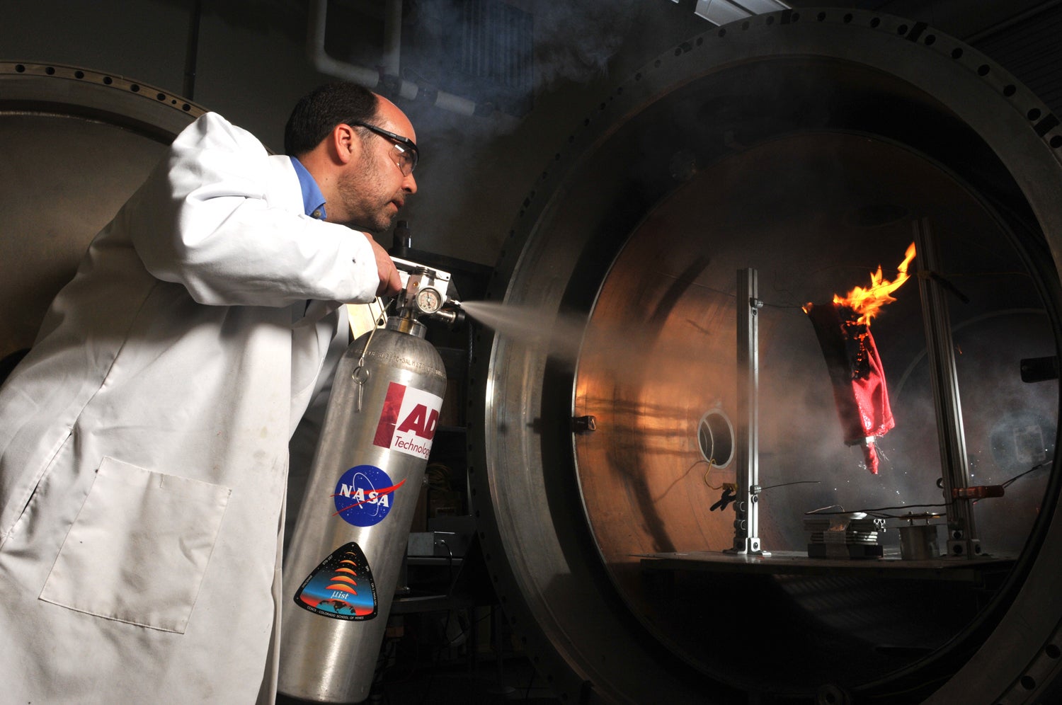 Fire extinguishers on the ISS use mist to put out dangerous flames. 