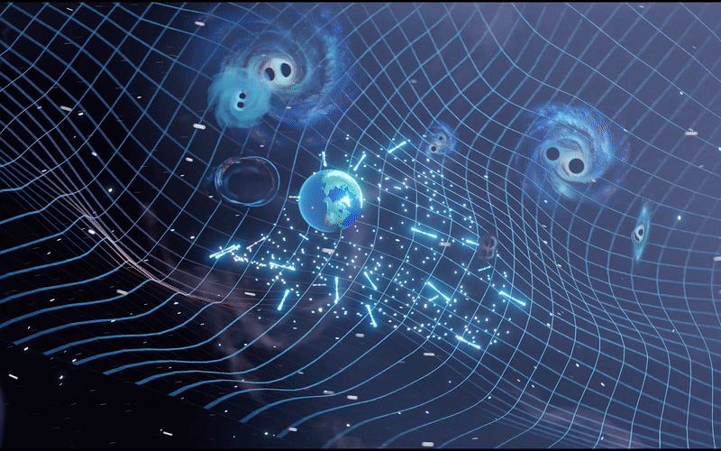 Animation showing Earth receiving light from pulsars, revealing signs of a gravitational wave background from black hole binaries.
