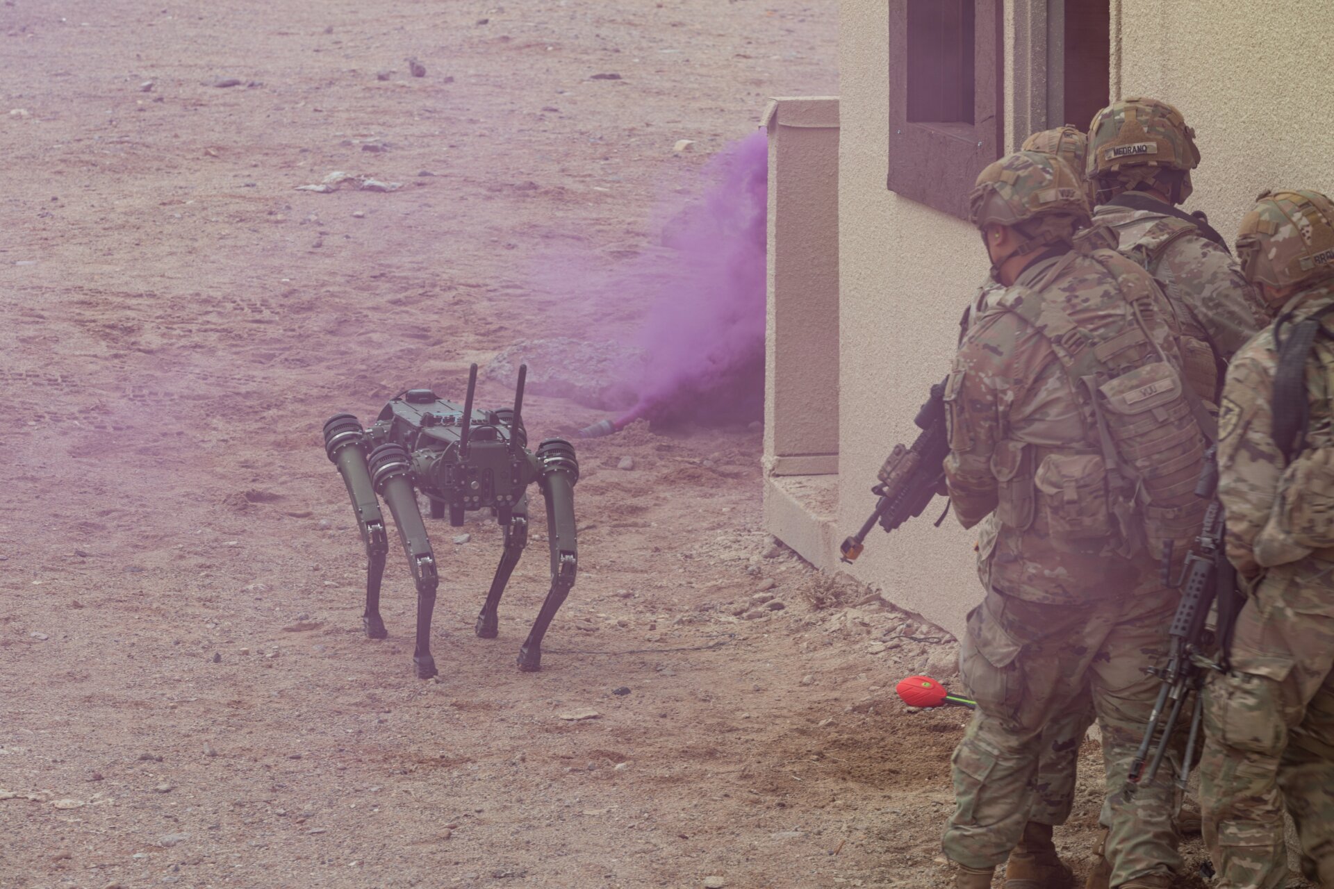 U.S. Soldiers assigned to the 1st Battalion, 29th Infantry Regiment,  based out of Fort Moore, Ga., take part in a human machine integration  experiment using the Ghost Robotic Dog during a demonstration of new  U.S. Army capabilities at Project Convergence - Capstone 4 in Fort  Irwin, Calif., March 17, 2024.
