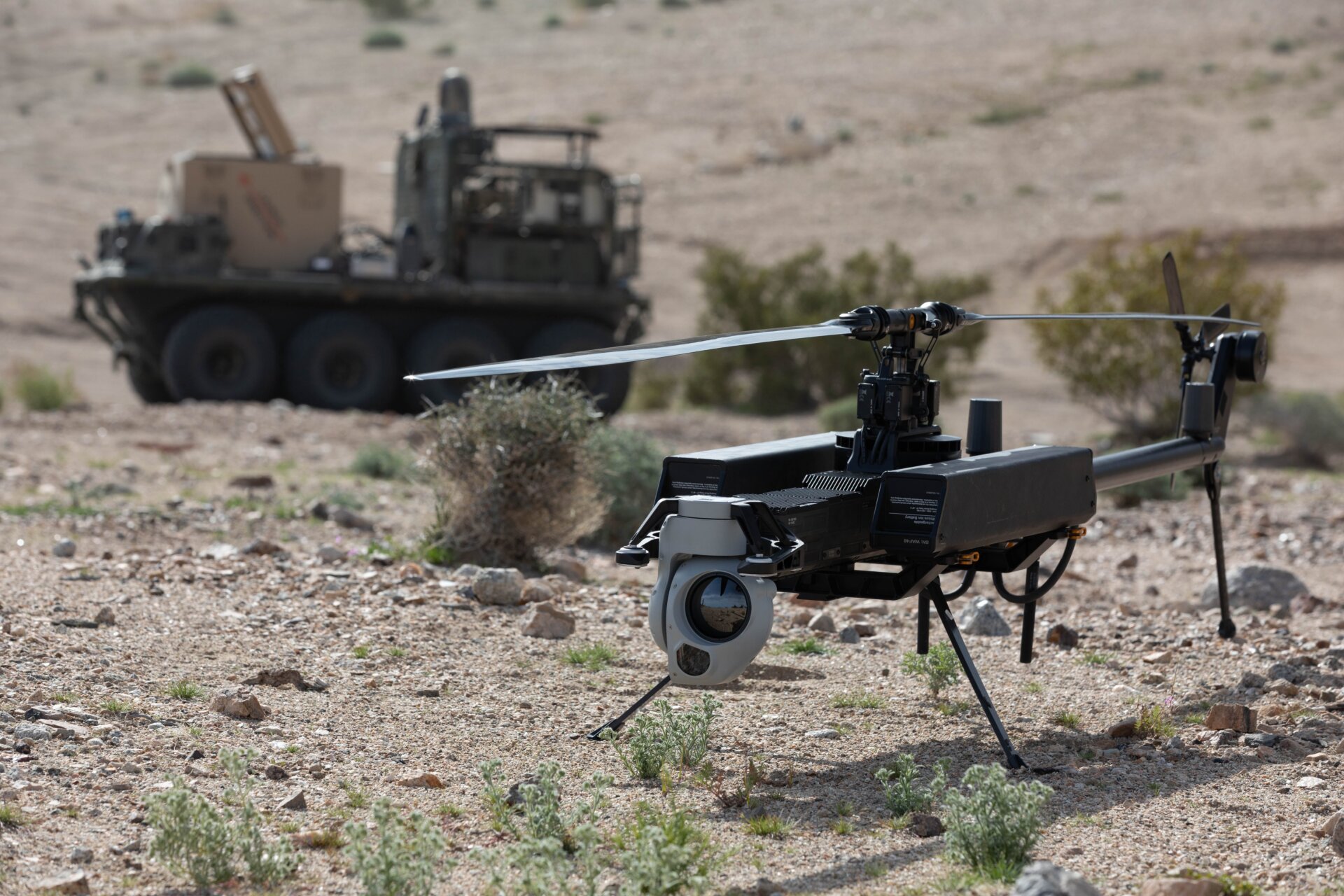 The Ghost-X Unmanned Aircraft System awaits takeoff, during ongoing  experimentation at Project Convergence - Capstone 2024, March 11, 2024, at Fort Irwin, Calif.