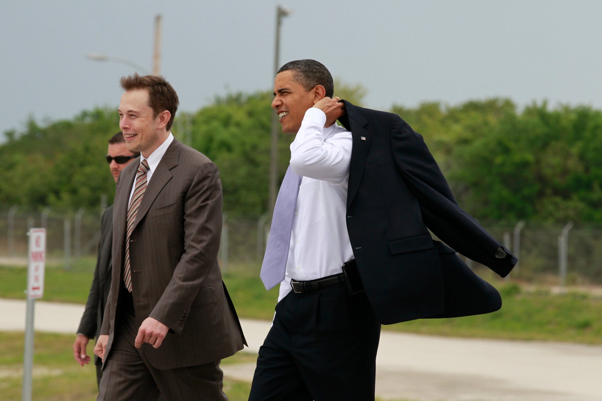 President Barack Obama walks to look at the Falcon 9 launch vehicle with SpaceX CEO Elon Musk at Kennedy Space Center Thursday, April 15, 2010.