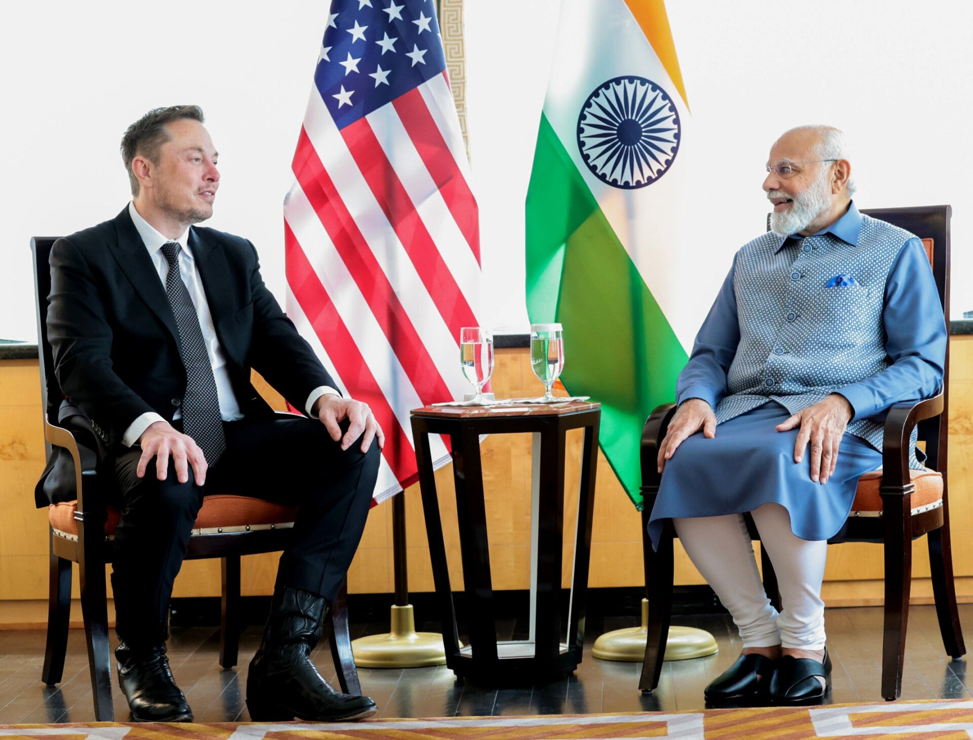 Indian Prime Minister Narendra Modi (R) meets with Elon Musk (L) in New York, United States on June 20, 2023.