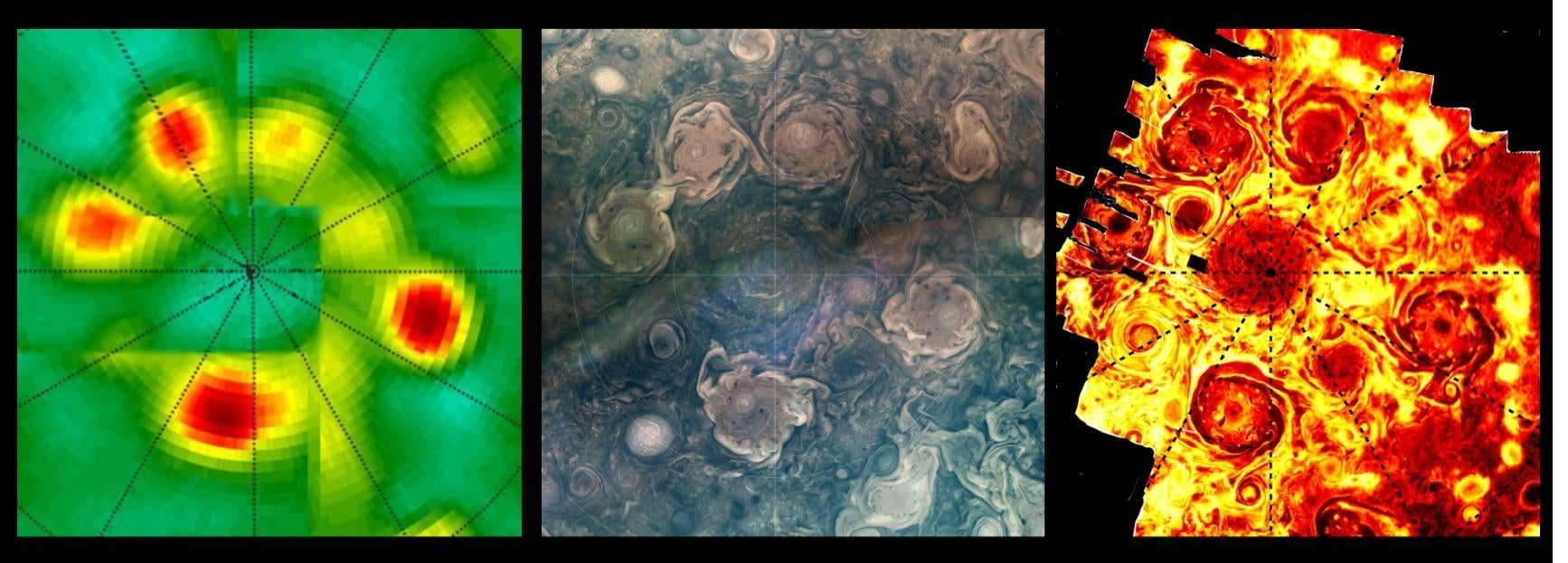Jupiter’s northern cyclones in (left to right) microwave, visible, and ultraviolet light.