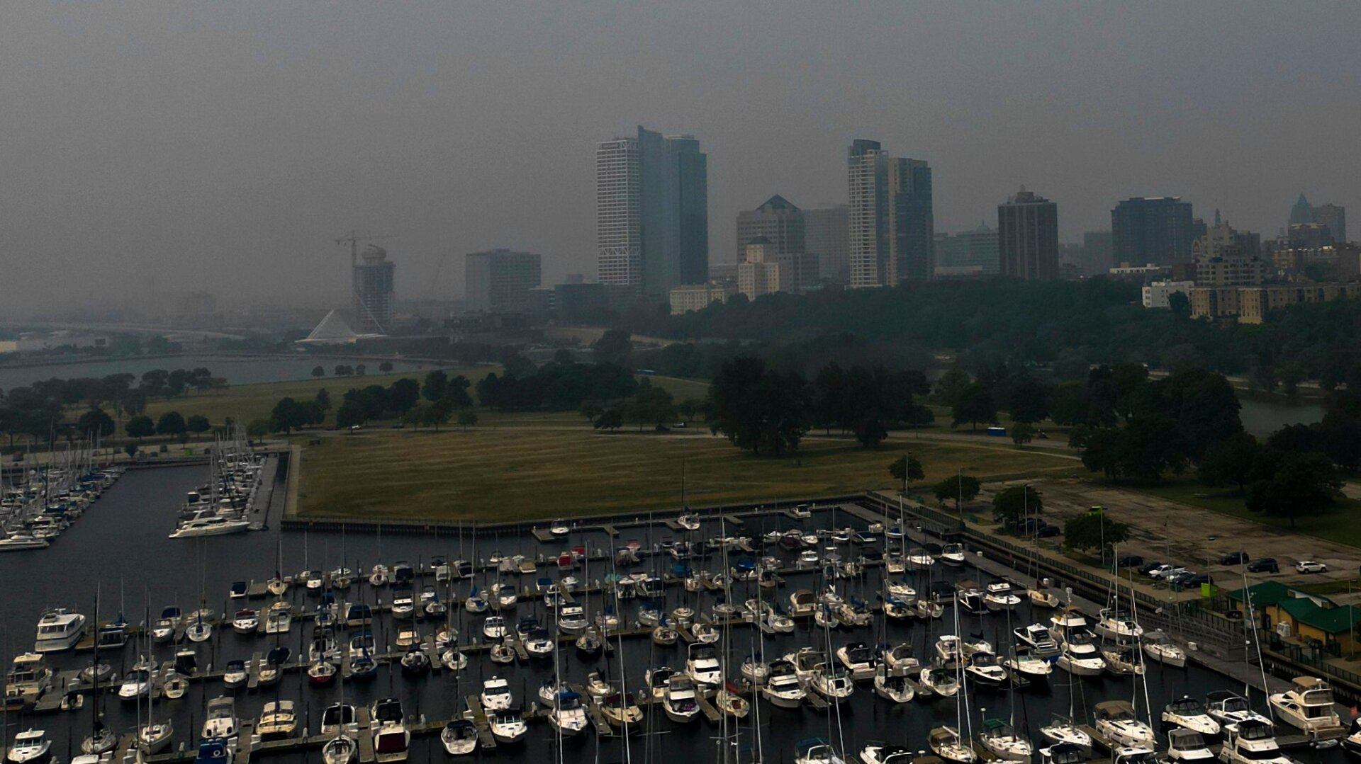 A haze from Canadian wildfires is seen over Milwaukee, Wisconsin on June 27, 2023.
