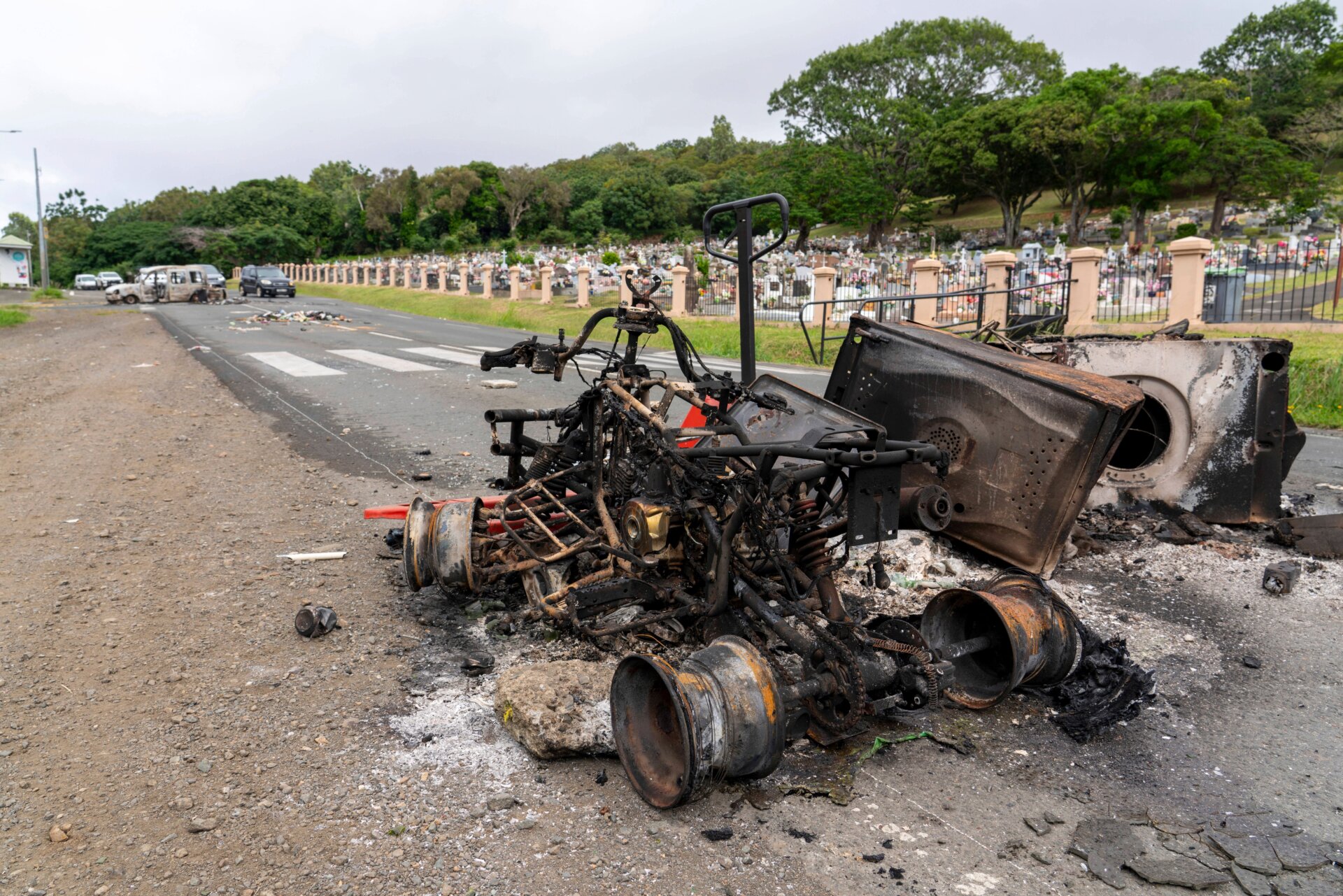Vehicles destroyed in New Caledonia, photographed on May 14, 2024.