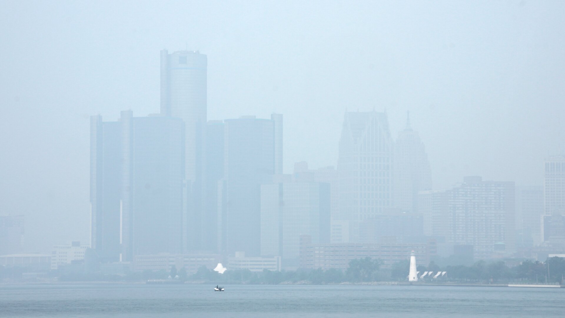 Smoke fills the sky reducing visibility on June 28, 2023, in Detroit, Michigan.
