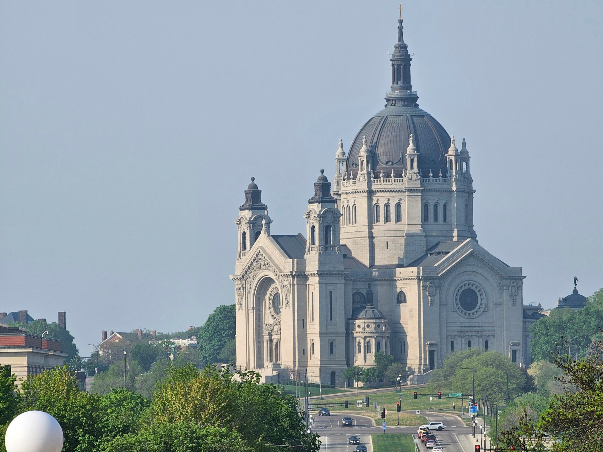A smoky haze from Canadian wildfires hangs over downtown St. Paul, Minn. on May 13, 2024.
