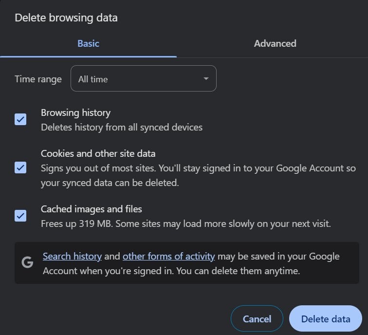 Delete Cookies And Cache