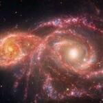 Two spiral galaxies take the shape of a colorful beaded mask that sits above the nose. The galaxy at left, IC 2163, is smaller, taking up a little over a quarter of the view. The galaxy at right, NGC 2207, takes up half the view, with its spiral arms reaching the edges