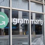 A sign for Grammarly, a company that makes AI tools for schools.