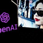 The OpenAI logo next to a picture of a woman wearing sunglasses, which was generated by the company's Sora AI model.