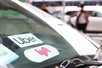 An Uber sticker is seen on a car at the start of a protest by ride share drivers on August 20, 2020 in Los Angeles, California.