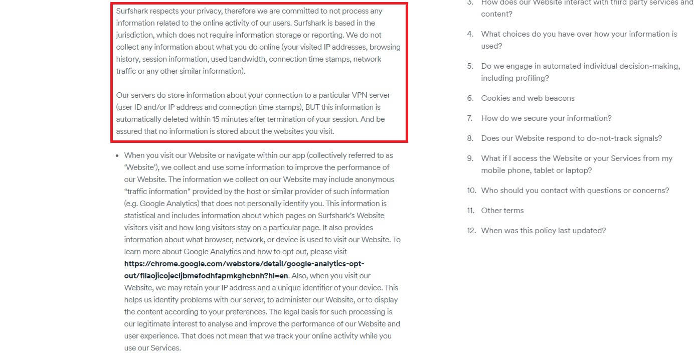 Surfshark Privacy Policy Logging