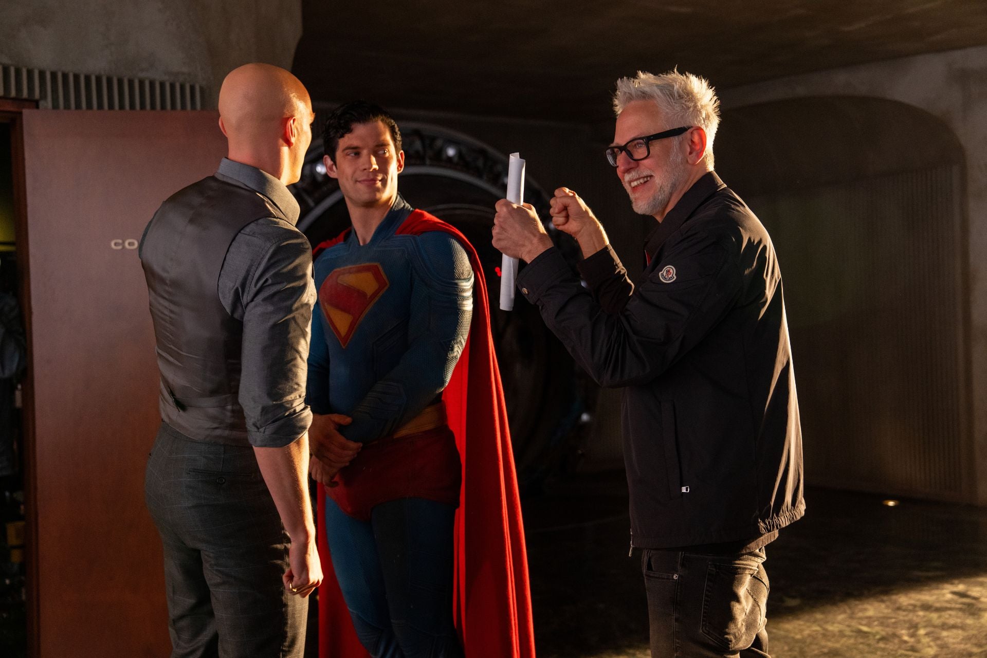 James Gunn and his stars on the set of 'Superman.'