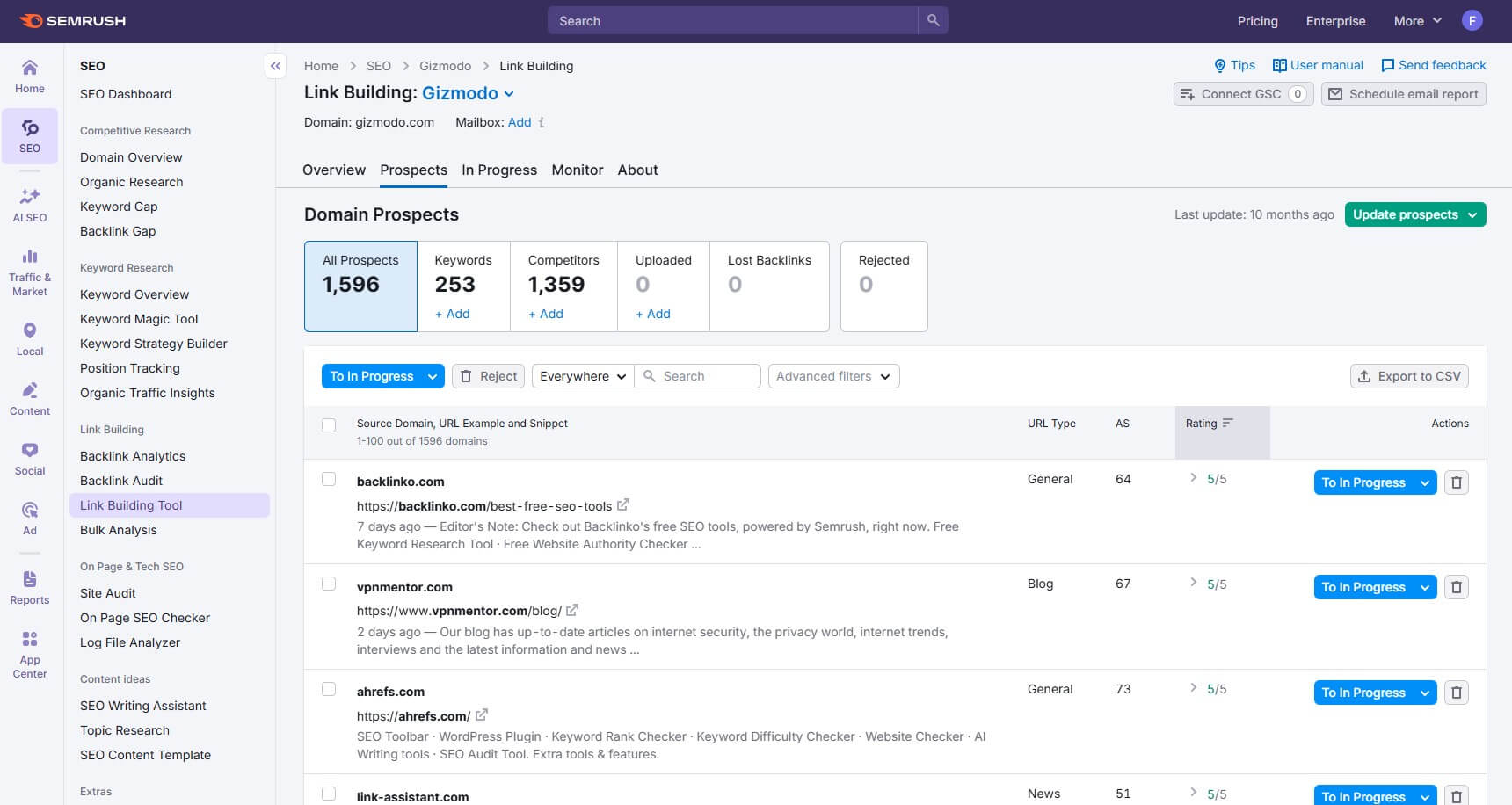 Semrush Link Building Tool