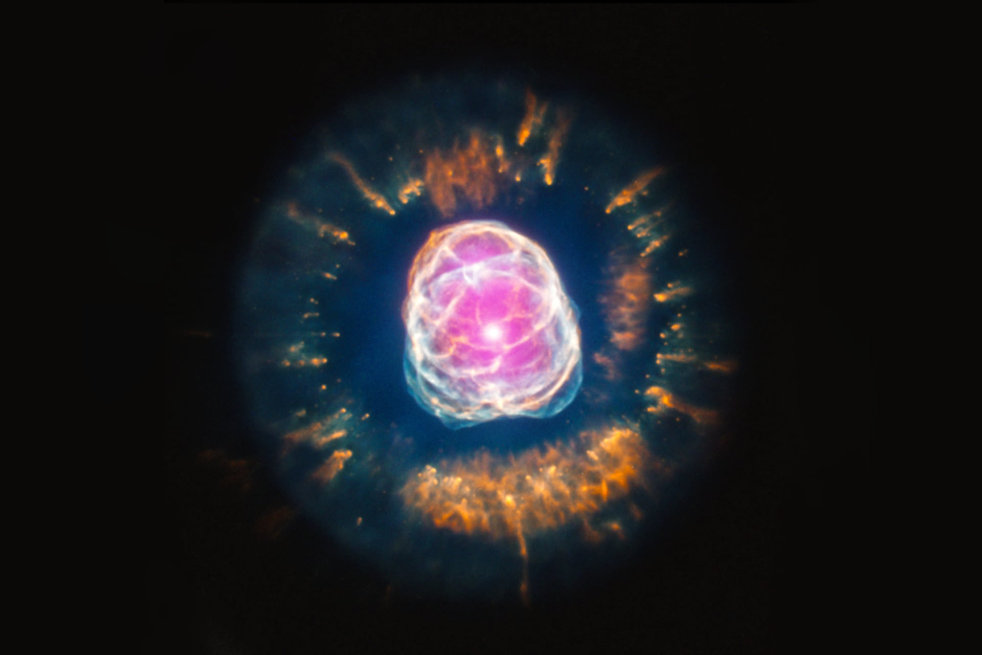 This image features X-ray and optical data of a planetary nebula named NGC 2392, which will eventually deteriorate into a white dwarf.