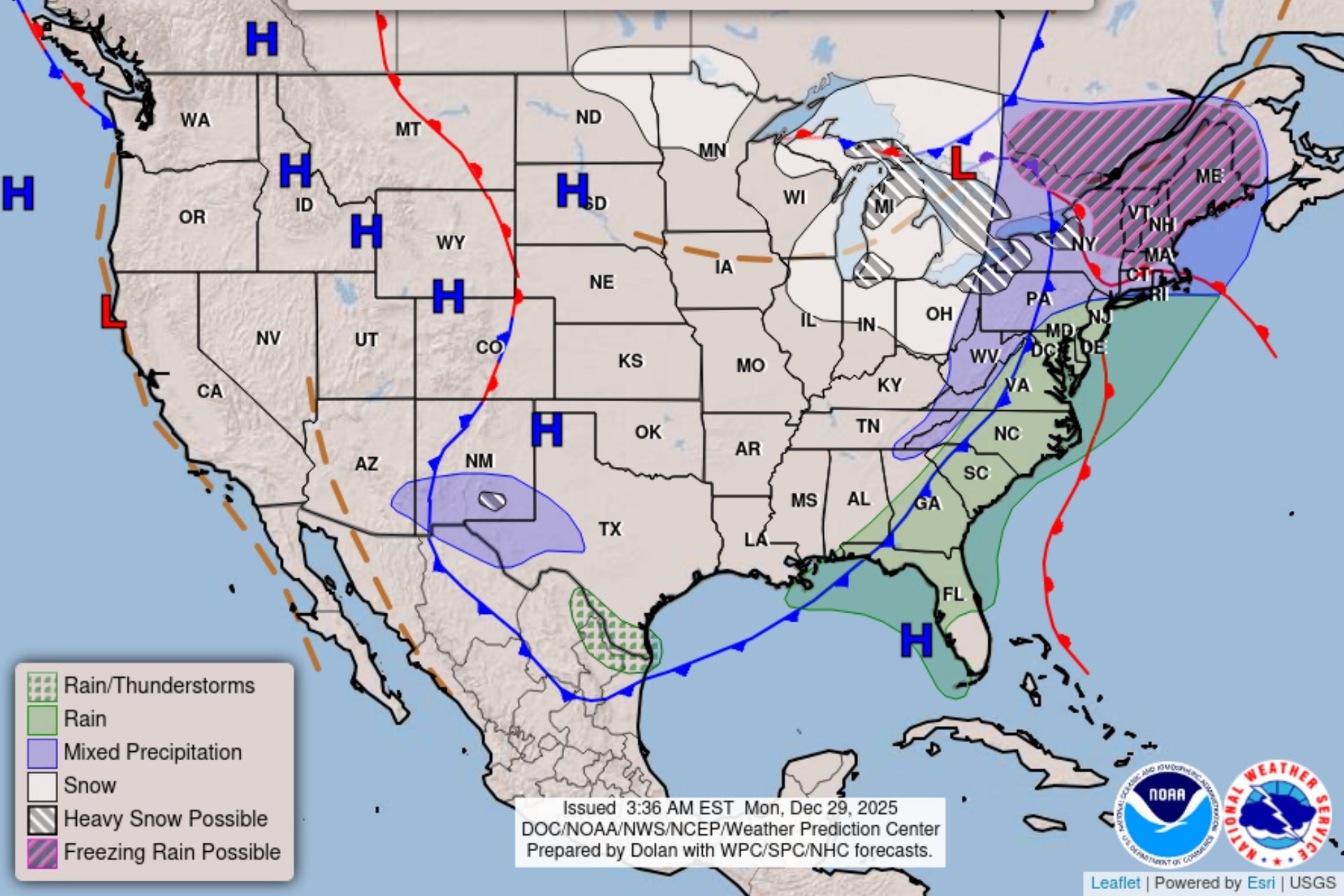 This forecast map, issued on December 29, 2025, shows severe winter weather affecting the easter U.S. due to a bomb cyclone 