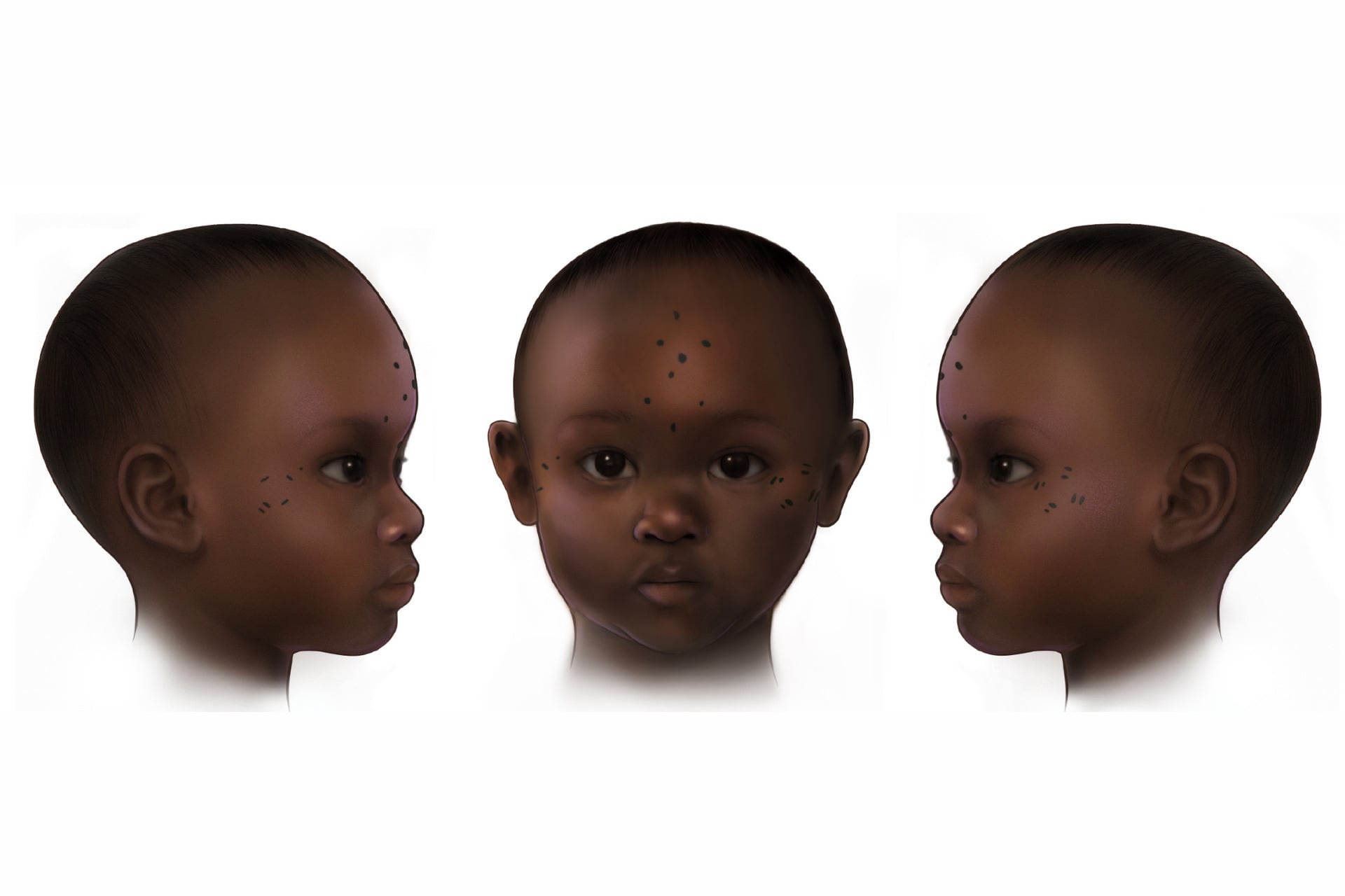 Artistic reconstruction of a young girl's (657-855 CE) forehead tattoos, from Kulubnarti.