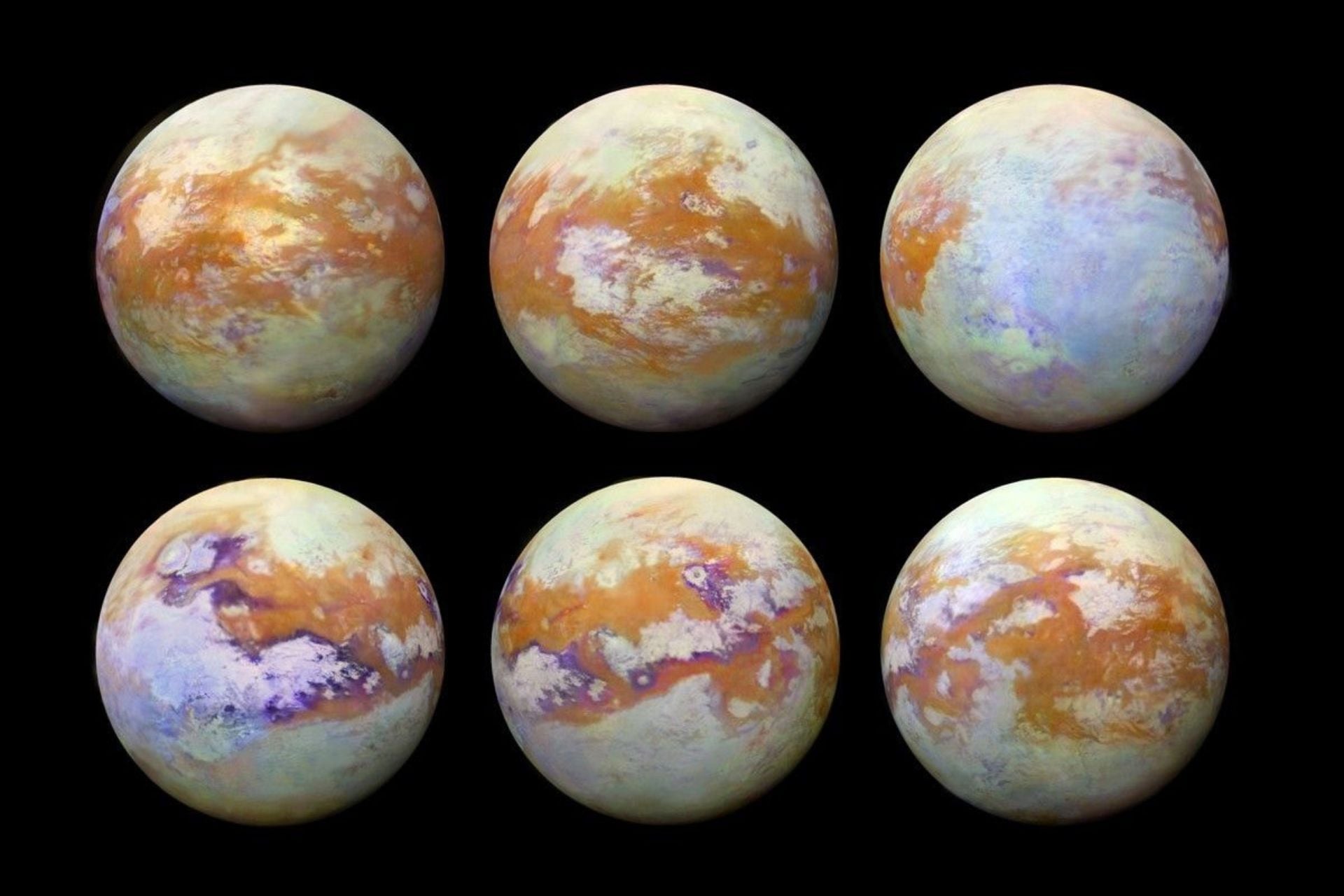 The six infrared images of Titan above were created by compiling data collected over the course of the Cassini mission