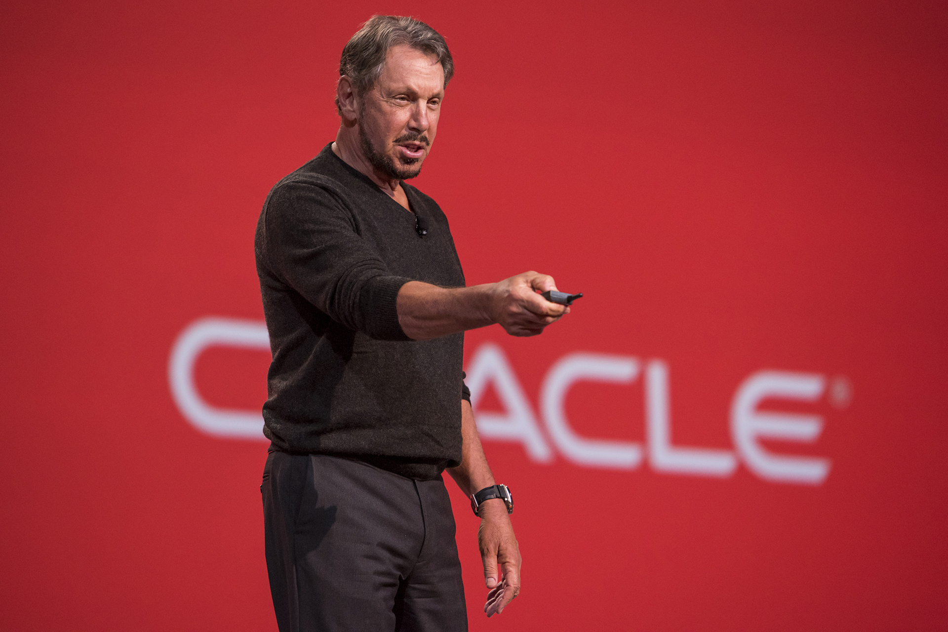 Larry Ellison gives a presentation at Oracle Openworld 2015 Conference