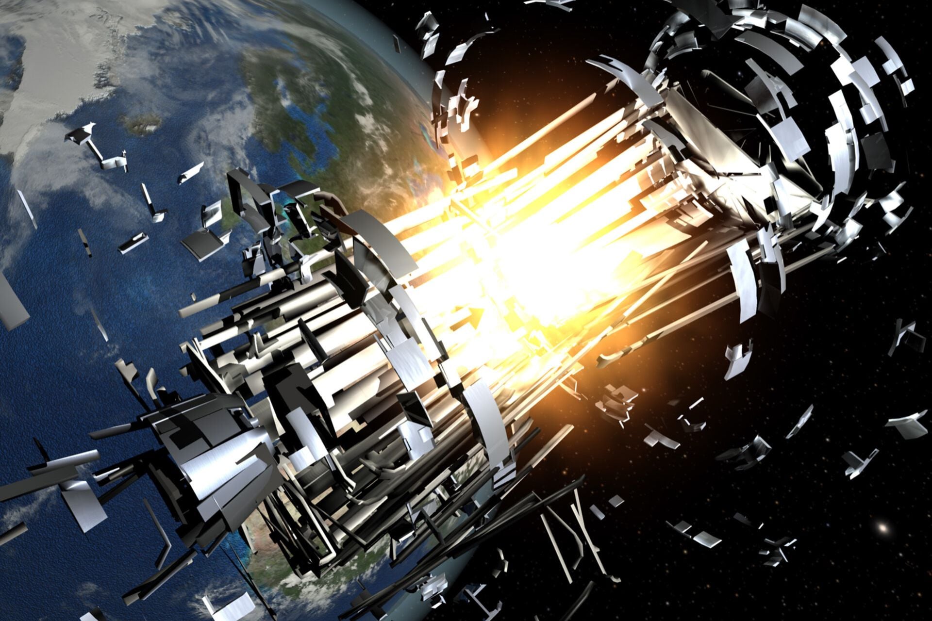 An artist's rendering of a satellite exploding
