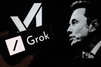 Grok logo displayed on a smartphone with Xai and Elon Musk seen in the background,in this photo illustration.