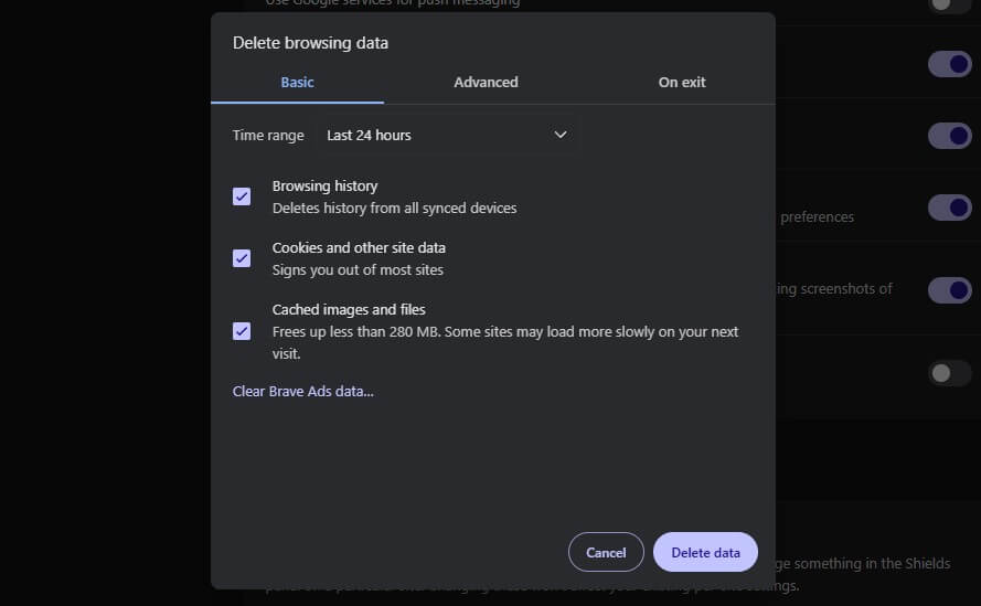 Brave Delete Browser Data