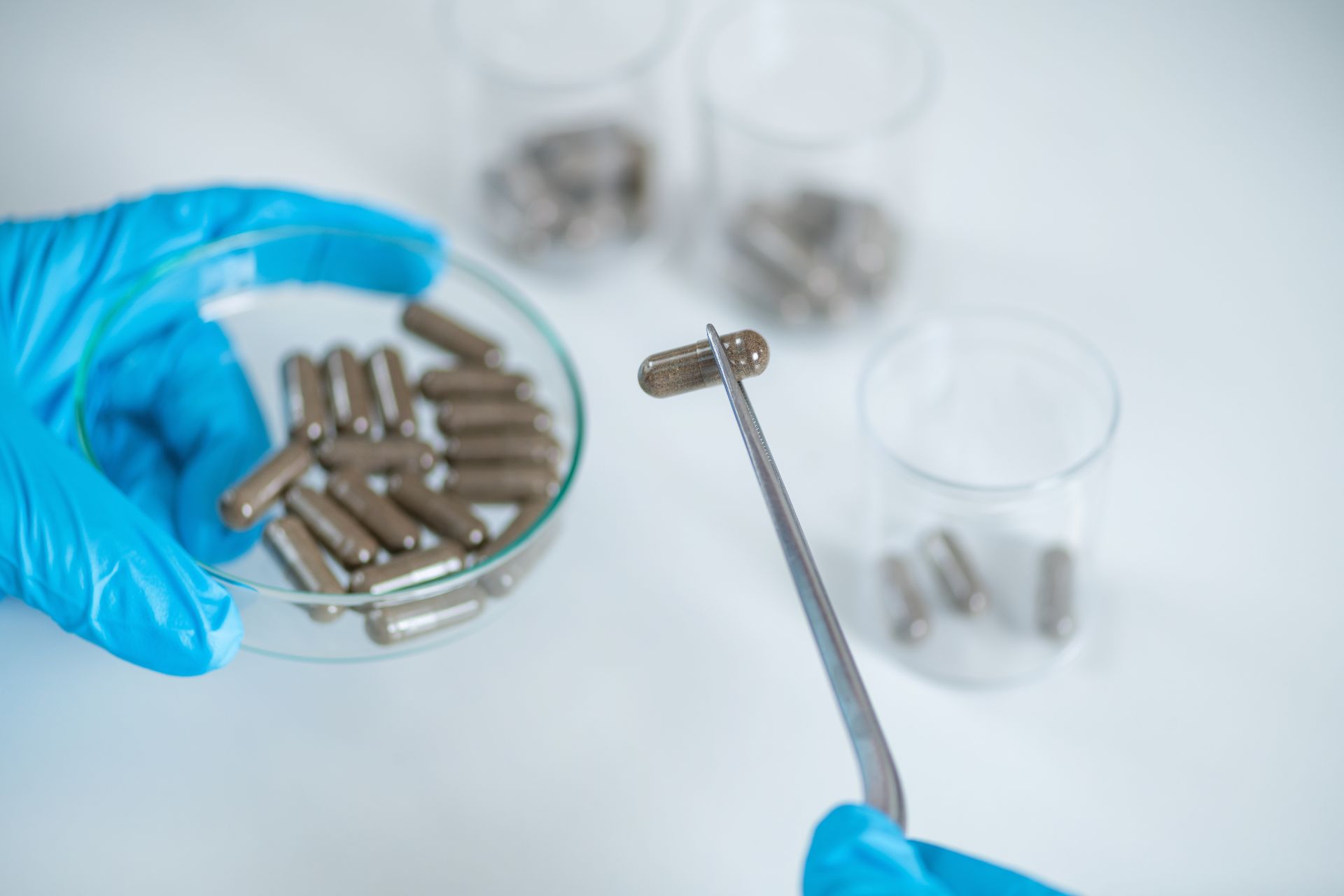 A scientist handling pills intended for fecal microbiota transplantation. 