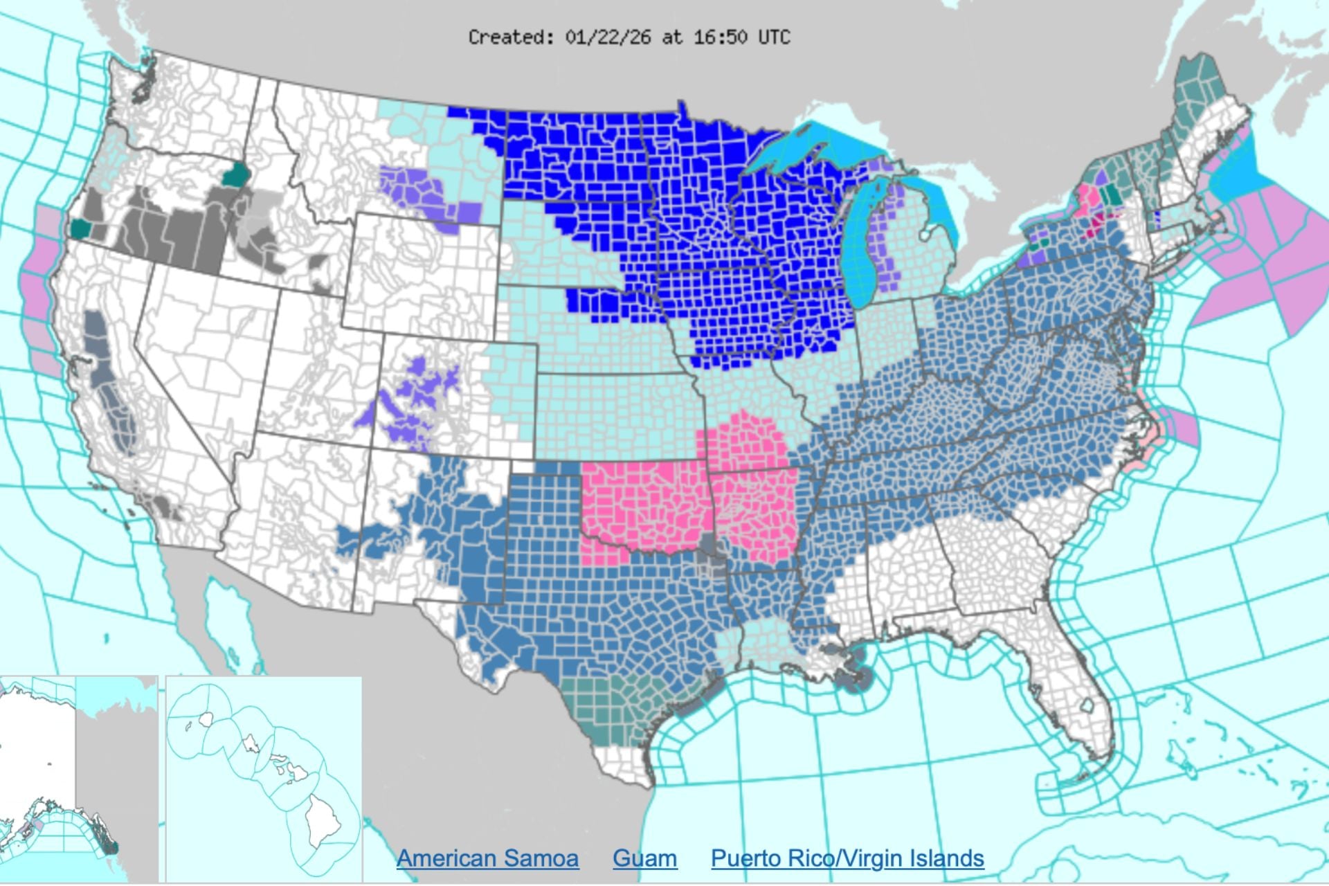 The National Weather Service issued various winter weather advisories  across most of the U.S. on January 22, 2026, ahead of a major winter storm set to pummel the East 