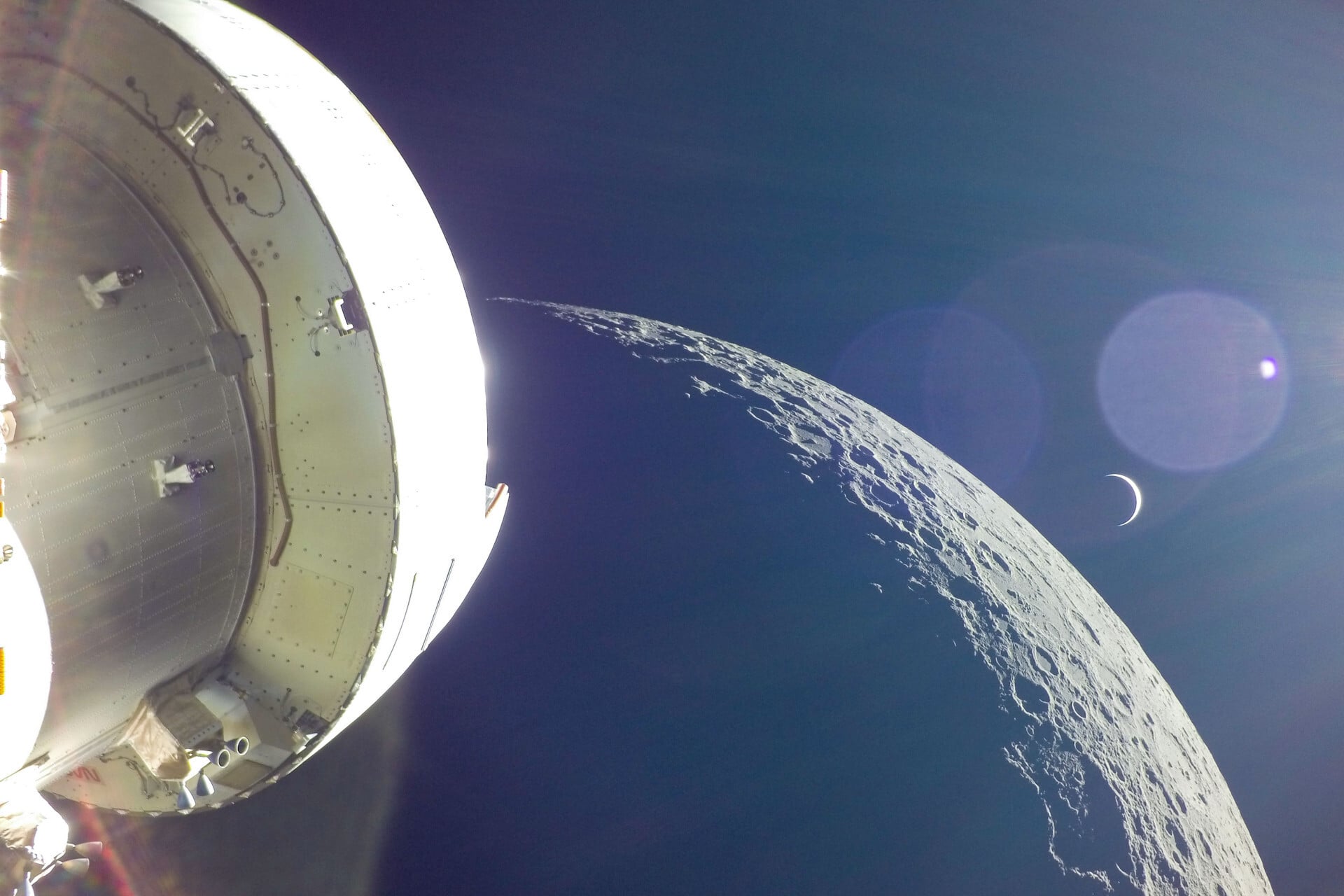 Orion's view of the Moon and Earth during NASA's 2022 Artemis 2 mission.