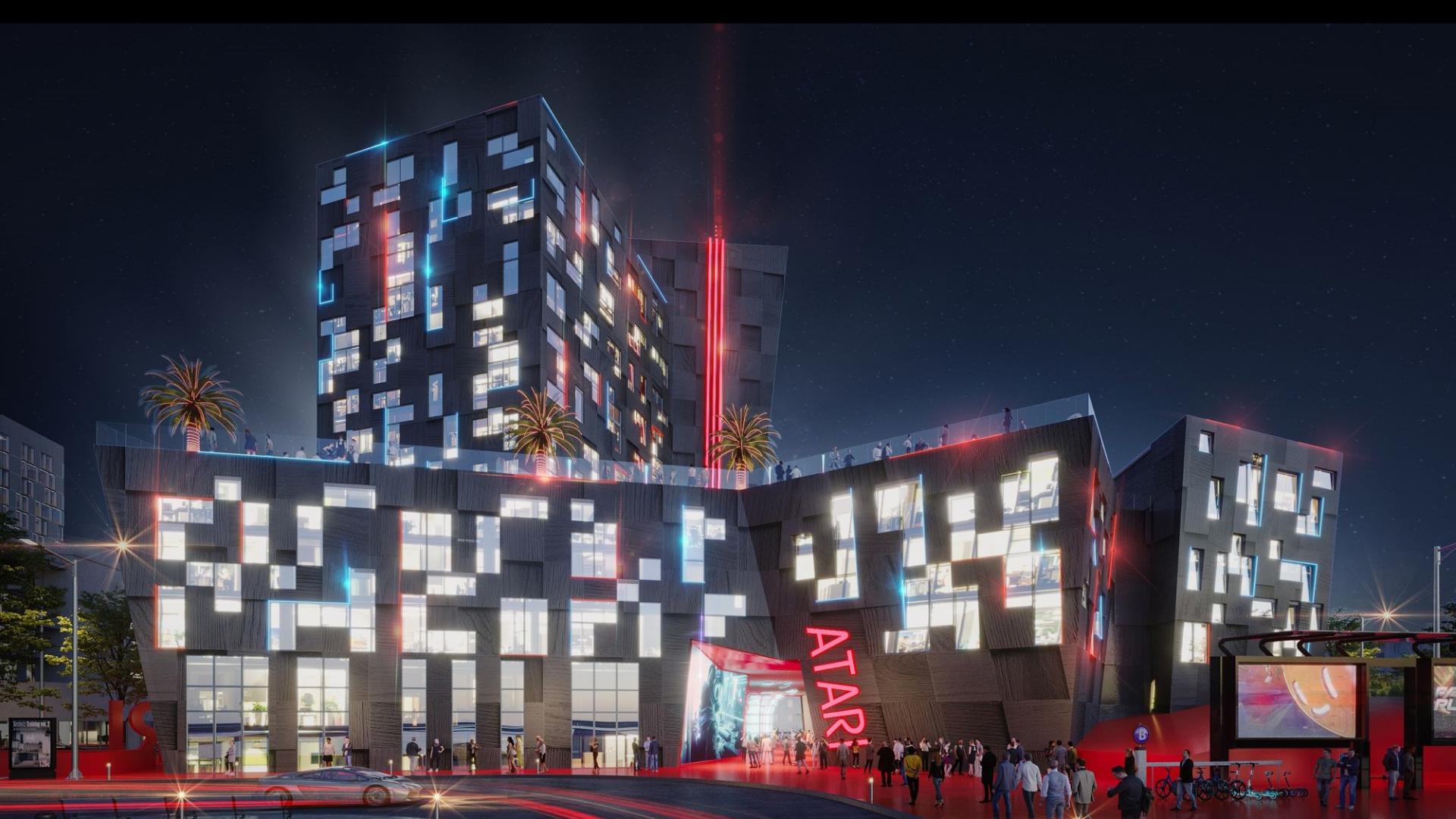 An artist's rendering showing what an Atari hotel in Phoenix is supposed to look like when it's completed in 2028, according to the company.
