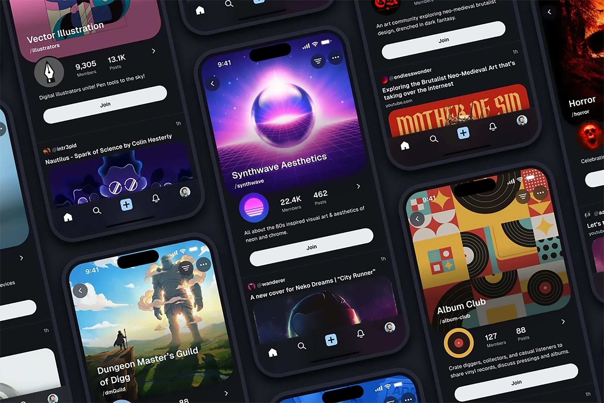 Image of the Digg website on various smartphones.