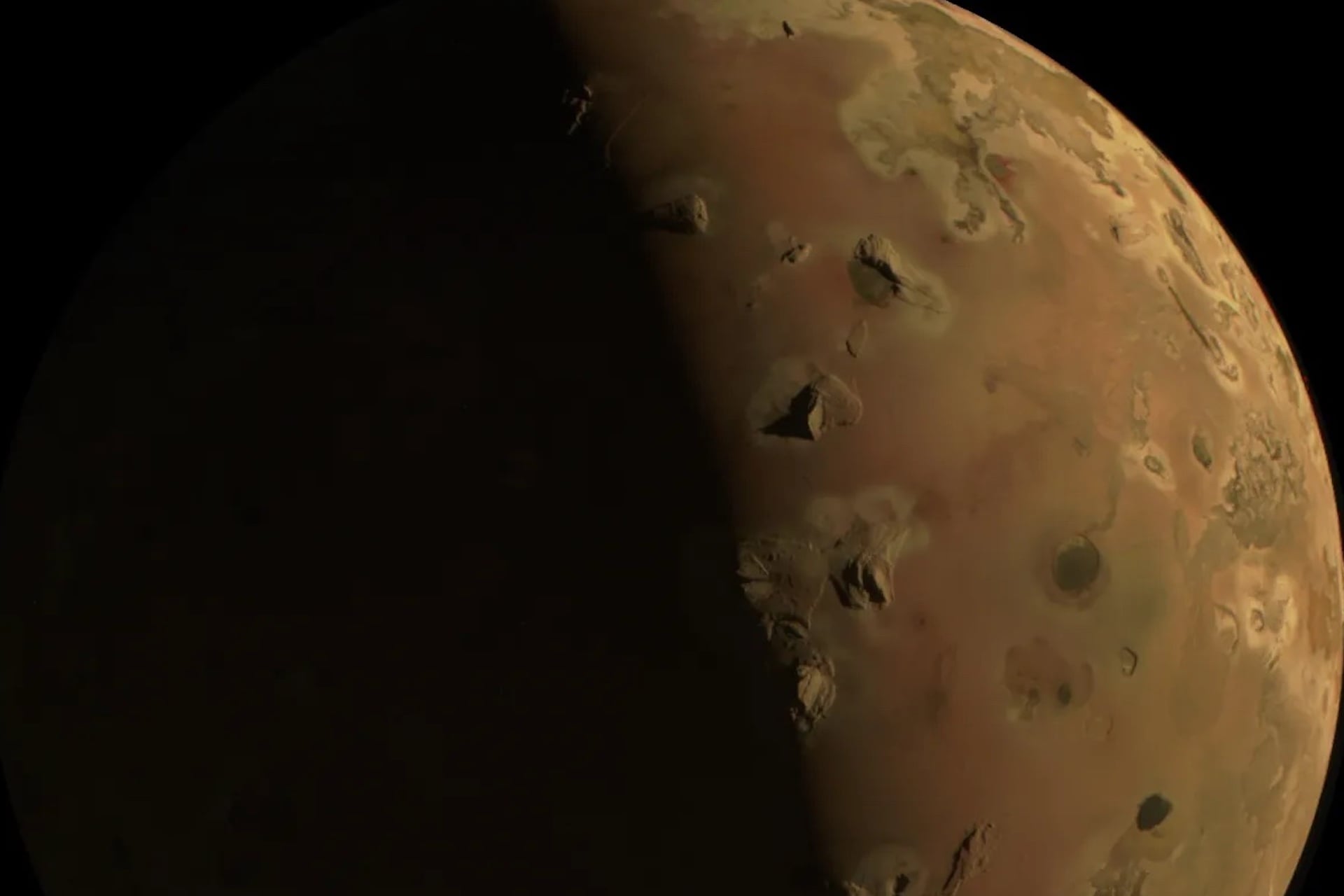 Jupiter's turbulent moon, Io, captured during a close approach by NASA's Juno spacecraft on Dec. 30, 2023.
