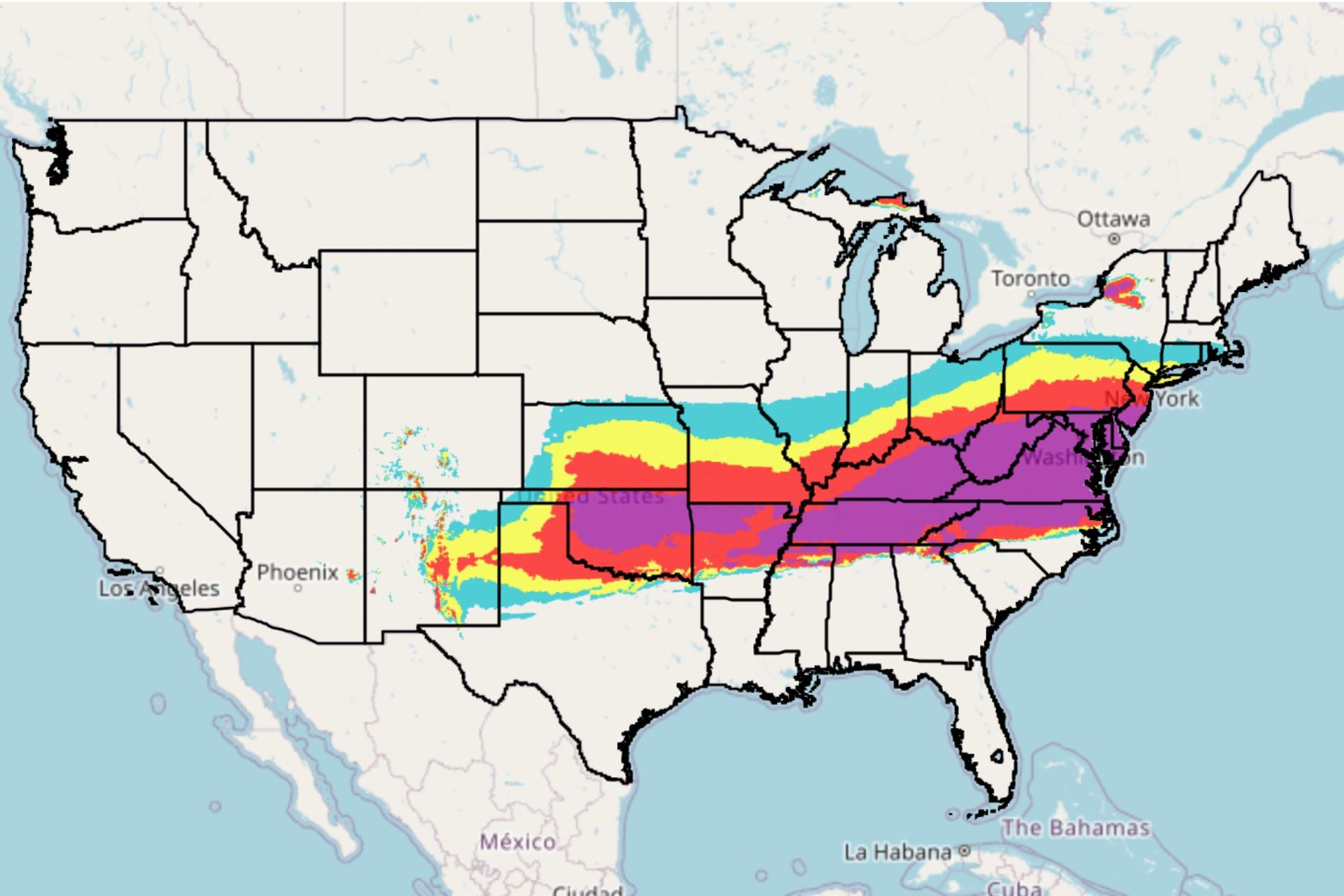 This map shows the probability of conditions exceeding snow and ice warning criteria from January 21 to 25, 2026. Areas in teal have a 10-30% chance, yellow = 30-50%, red = 50-80%, and purple >80%