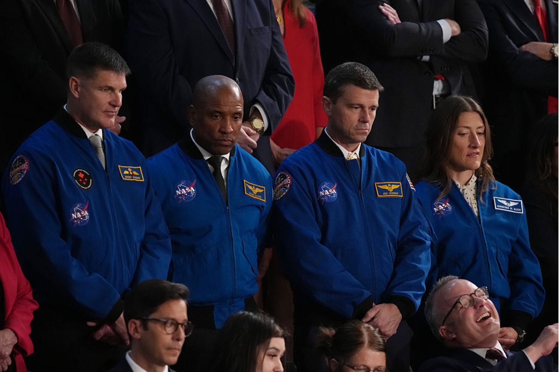 The Artemis 2 astronauts (L-R) Canadian Space Agency mission specialist Jeremy Hansen, pilot Victor Glover, commander Reid Wiseman and mission specialist Christina Koch attend the State of the Union address during a Joint Session of Congress at the U.S. Capitol on February 24, 2026, in Washington, DC