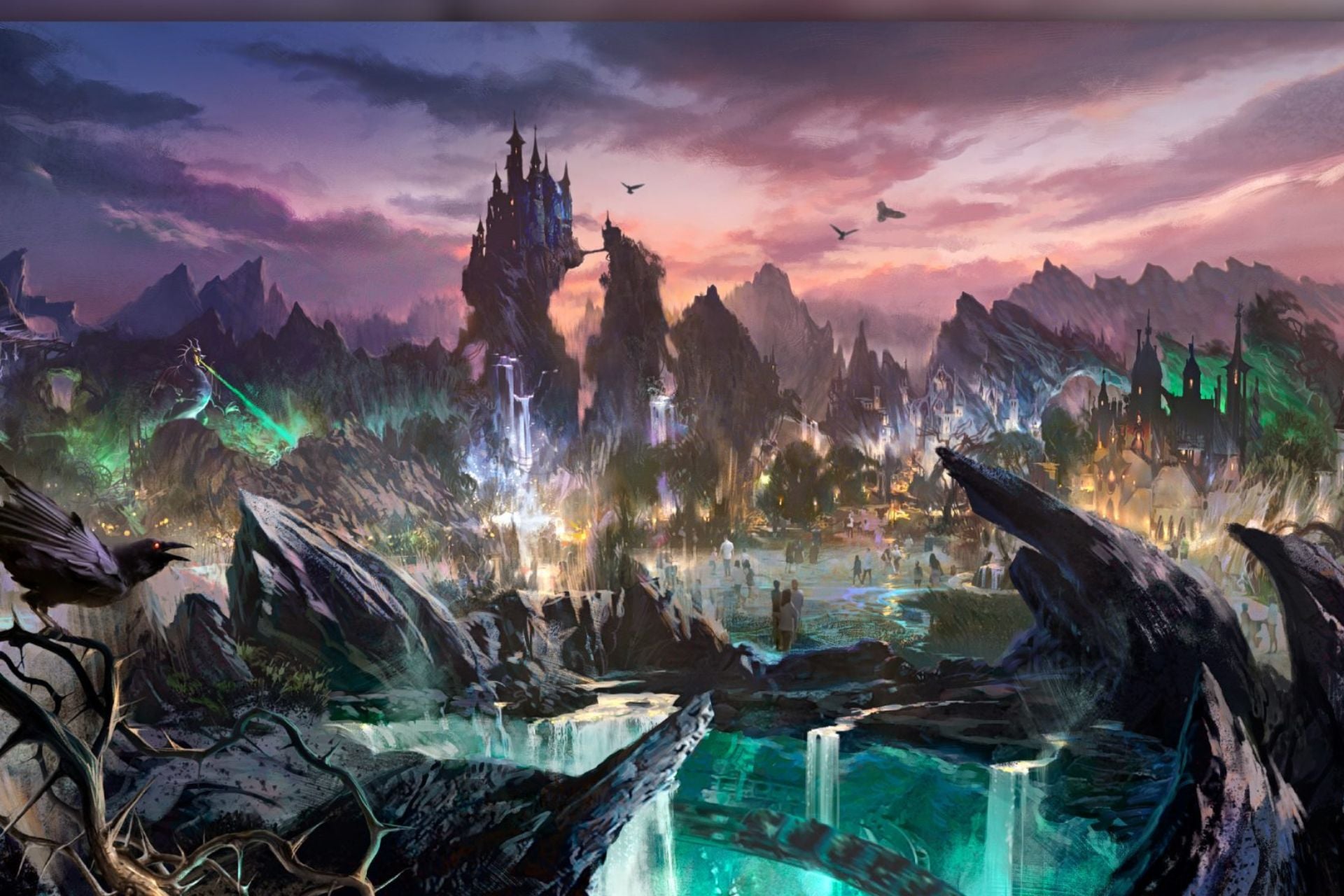 Early concept art of the villains land at Magic Kingdom in Disney World. 