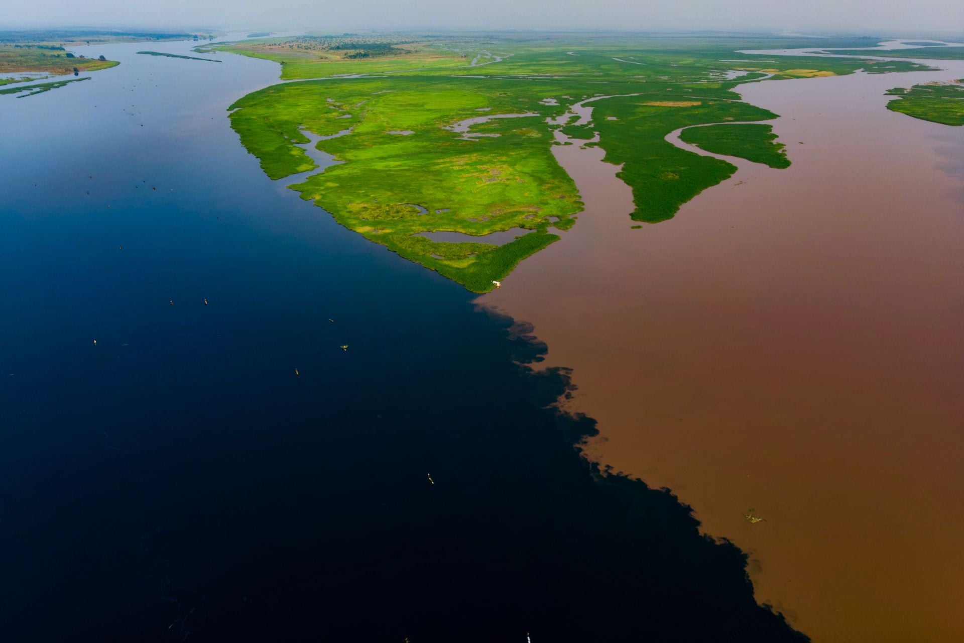 The confluence between the Fimi tributary and the Kasaï River in the Democratic Republic of Congo. The much darker color of the Fimi, which drains Lake Mai Ndombe, stems from organic materials leached from leaves and soils into the water
