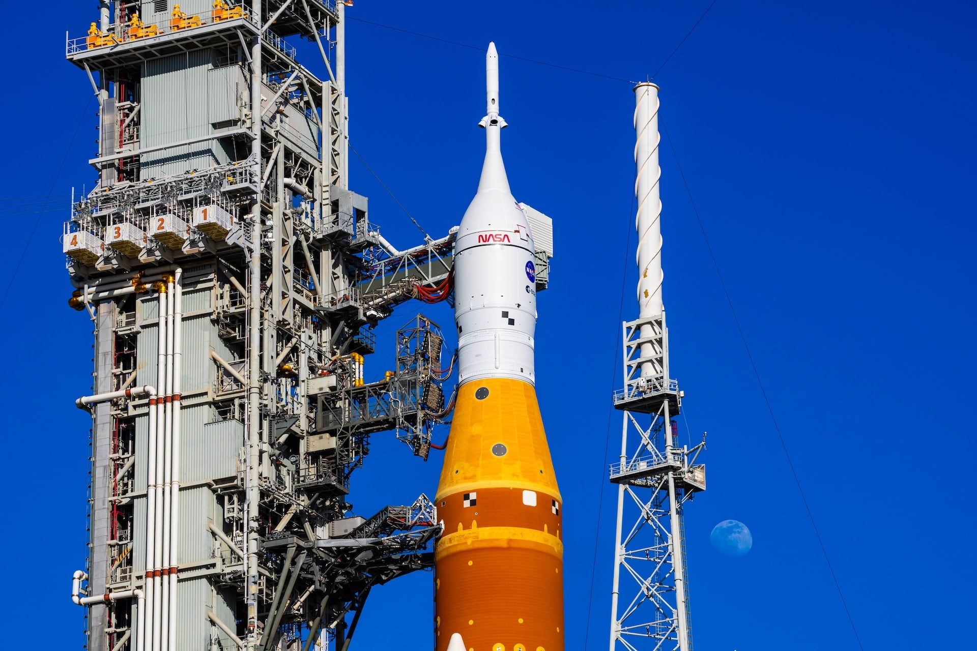 The SLS rocket and Orion spacecraft on top of the mobile launcher at NASA’s Kennedy Space Center in Florida.