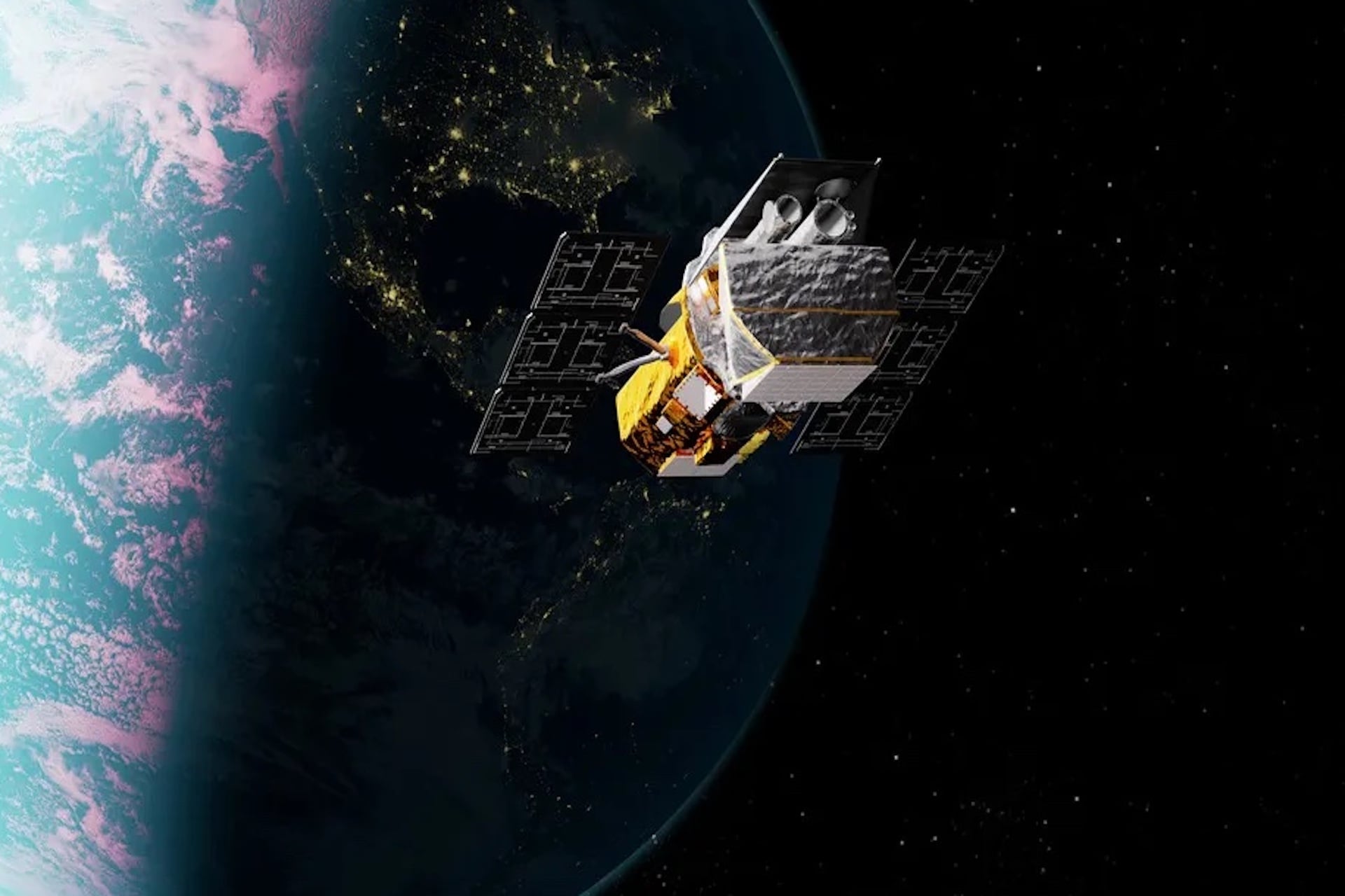 An illustration of the Swift spacecraft in Earth's orbit.